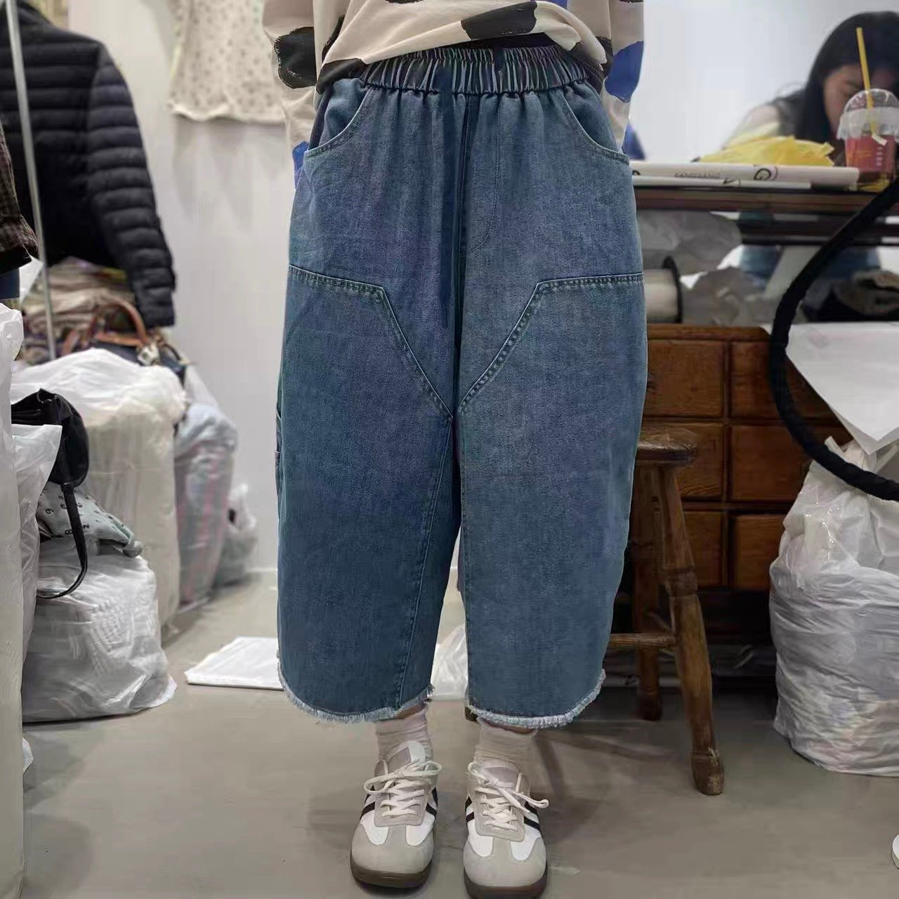 鬆緊腰丹寧寬褲 26030909