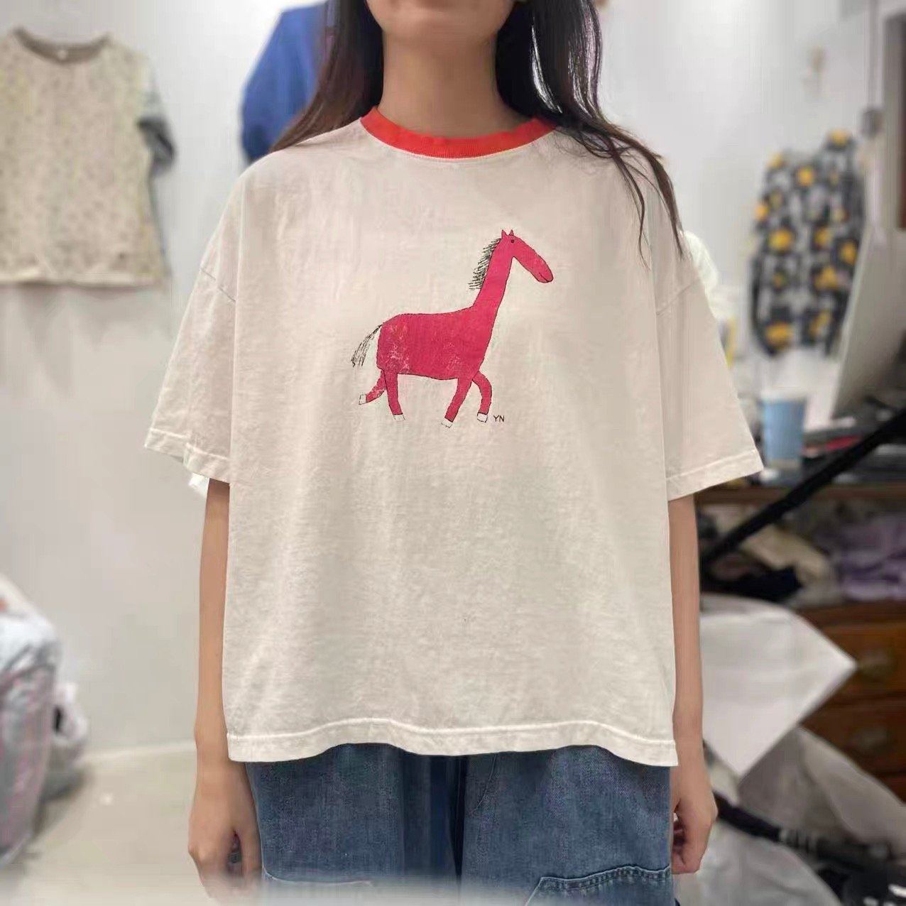 配色領圖繪上衣 26030905