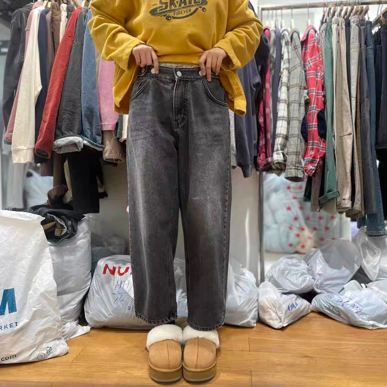 鬆緊腰磨毛牛仔褲 121615