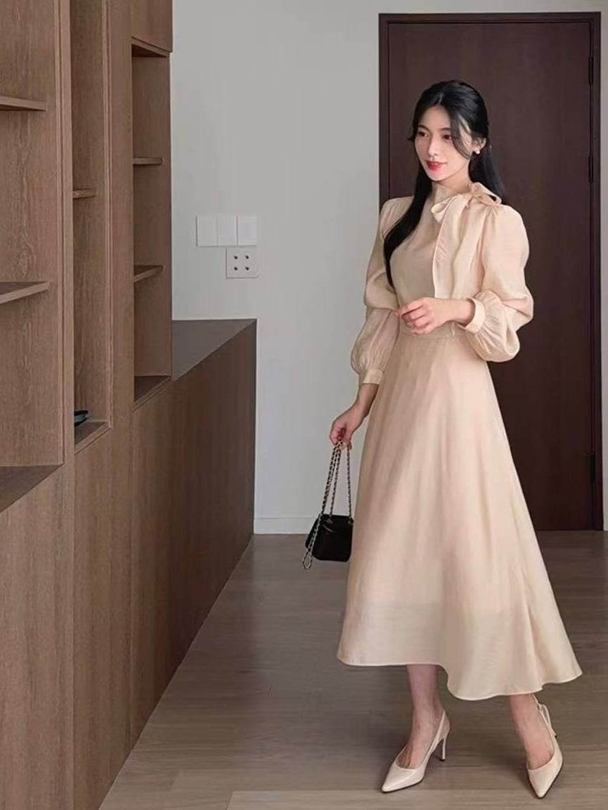 典雅名媛・綁帶公主袖長洋裝