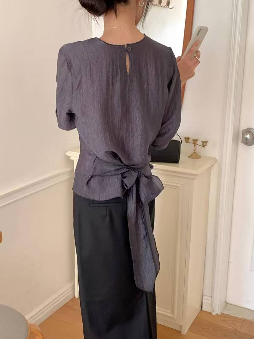 緞面綁帶雪紡上衣