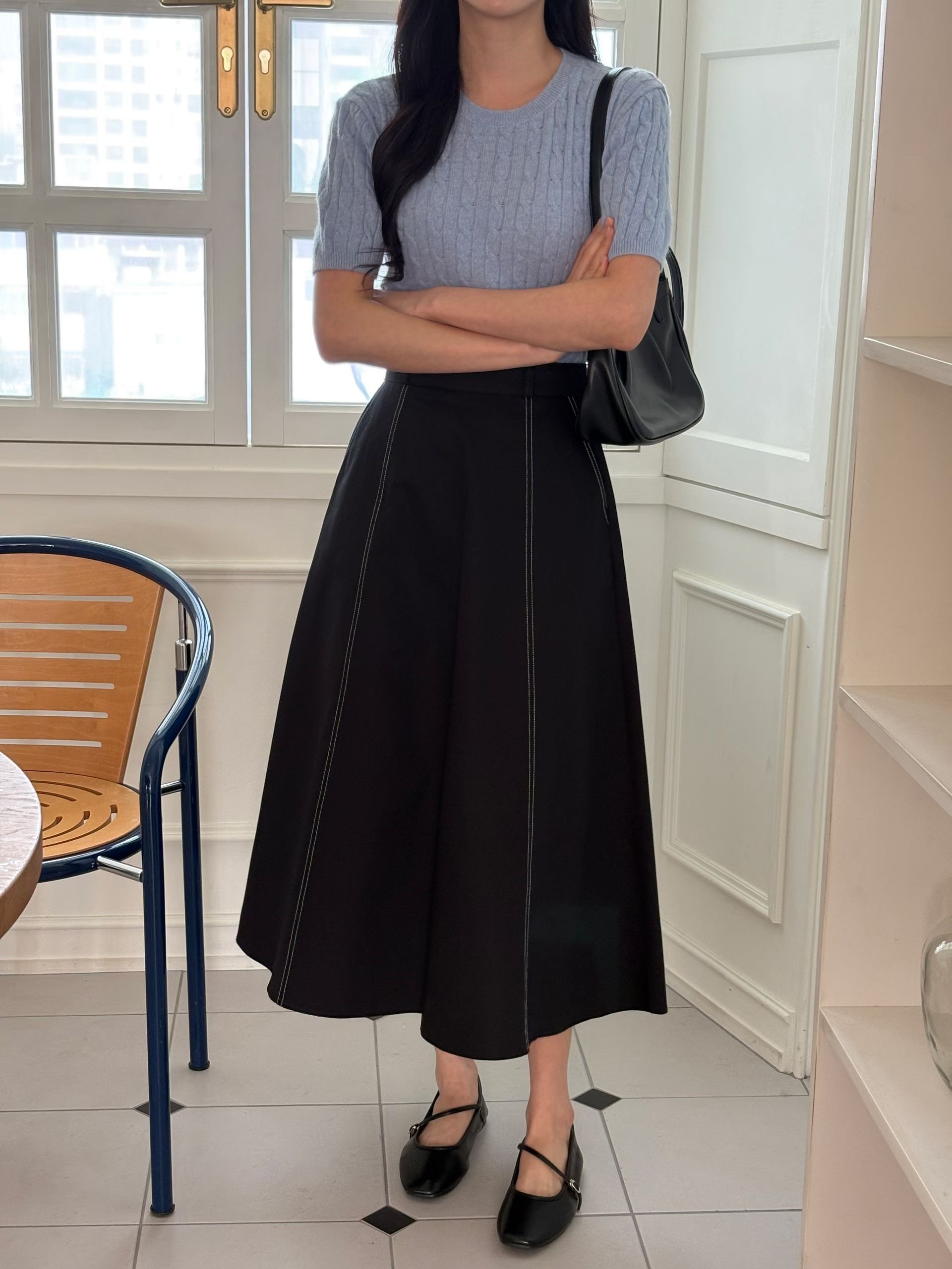 高腰修身傘狀長裙