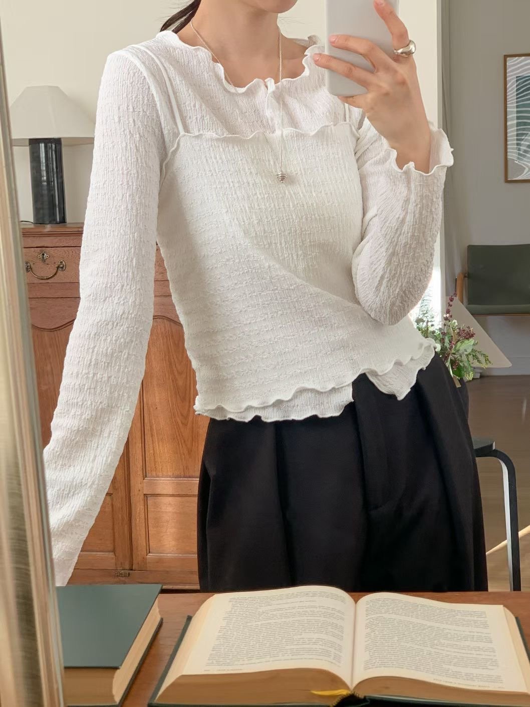 木耳邊兩件式罩衫背心組