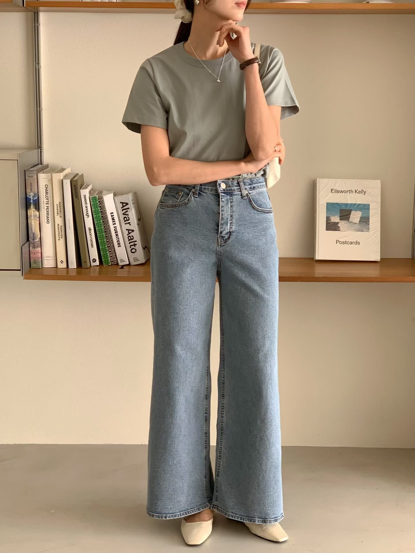 高腰長腿寬管牛仔褲