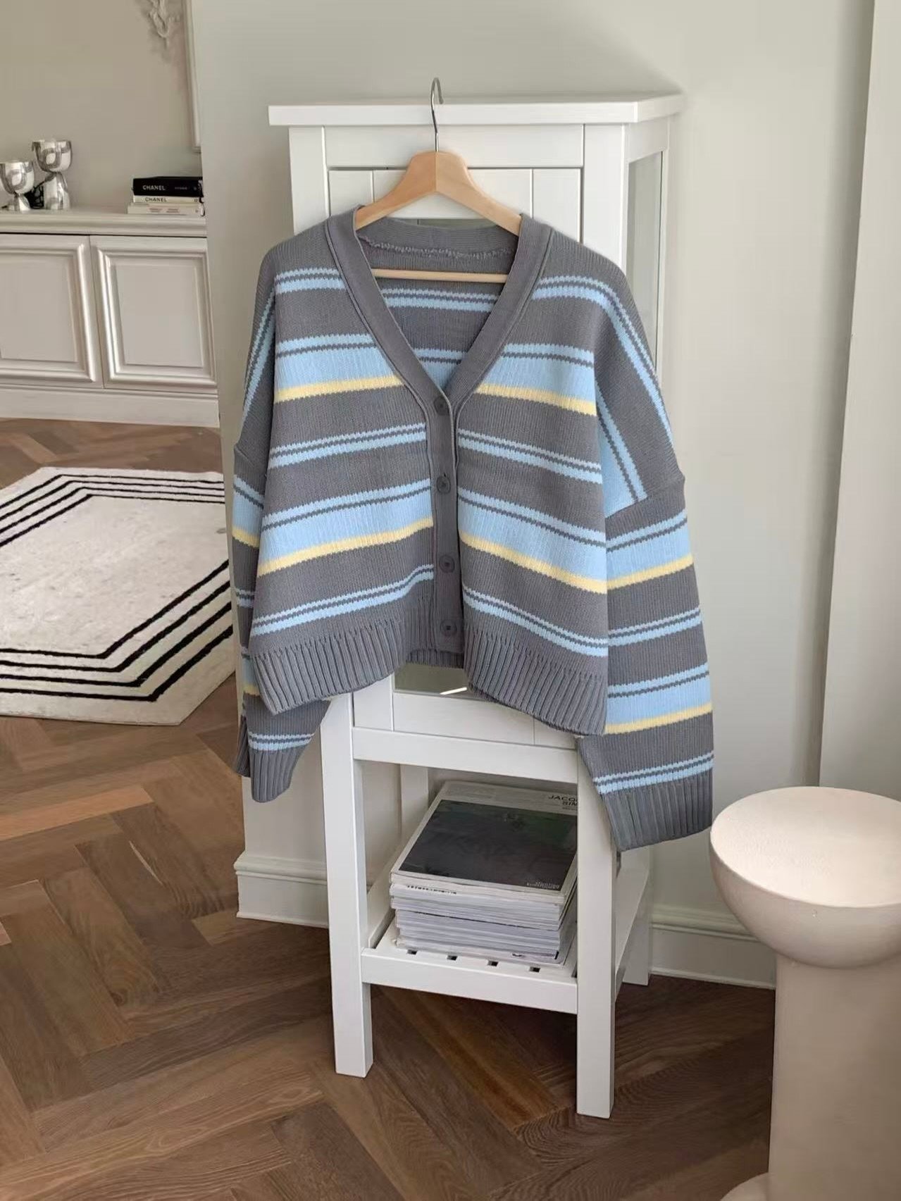 撞色條紋V領針織開襟衫