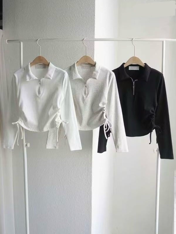 抽繩拉鍊彈性棉料短版上衣