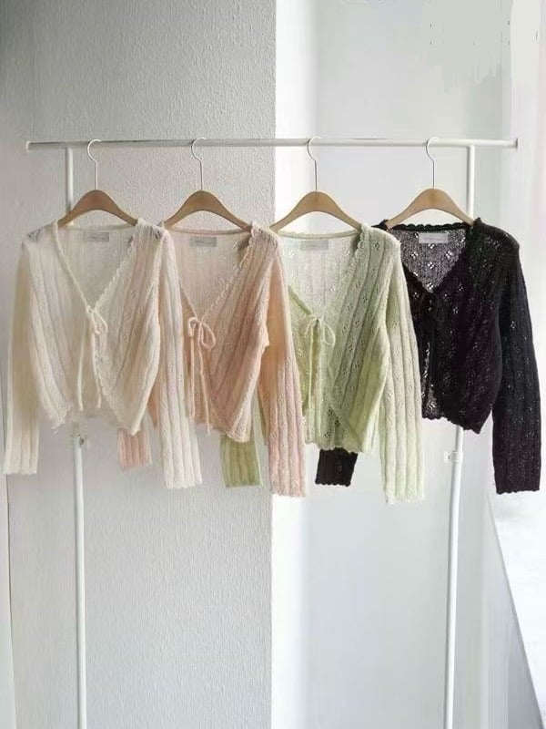 溫柔鏤空刺繡前綁帶開襟衫