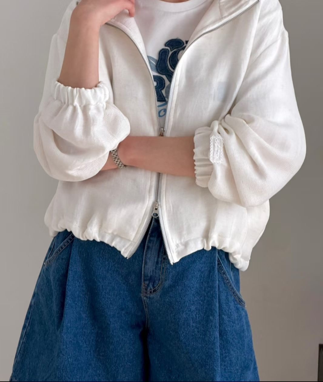 拼紗滾邊連帽短版外套