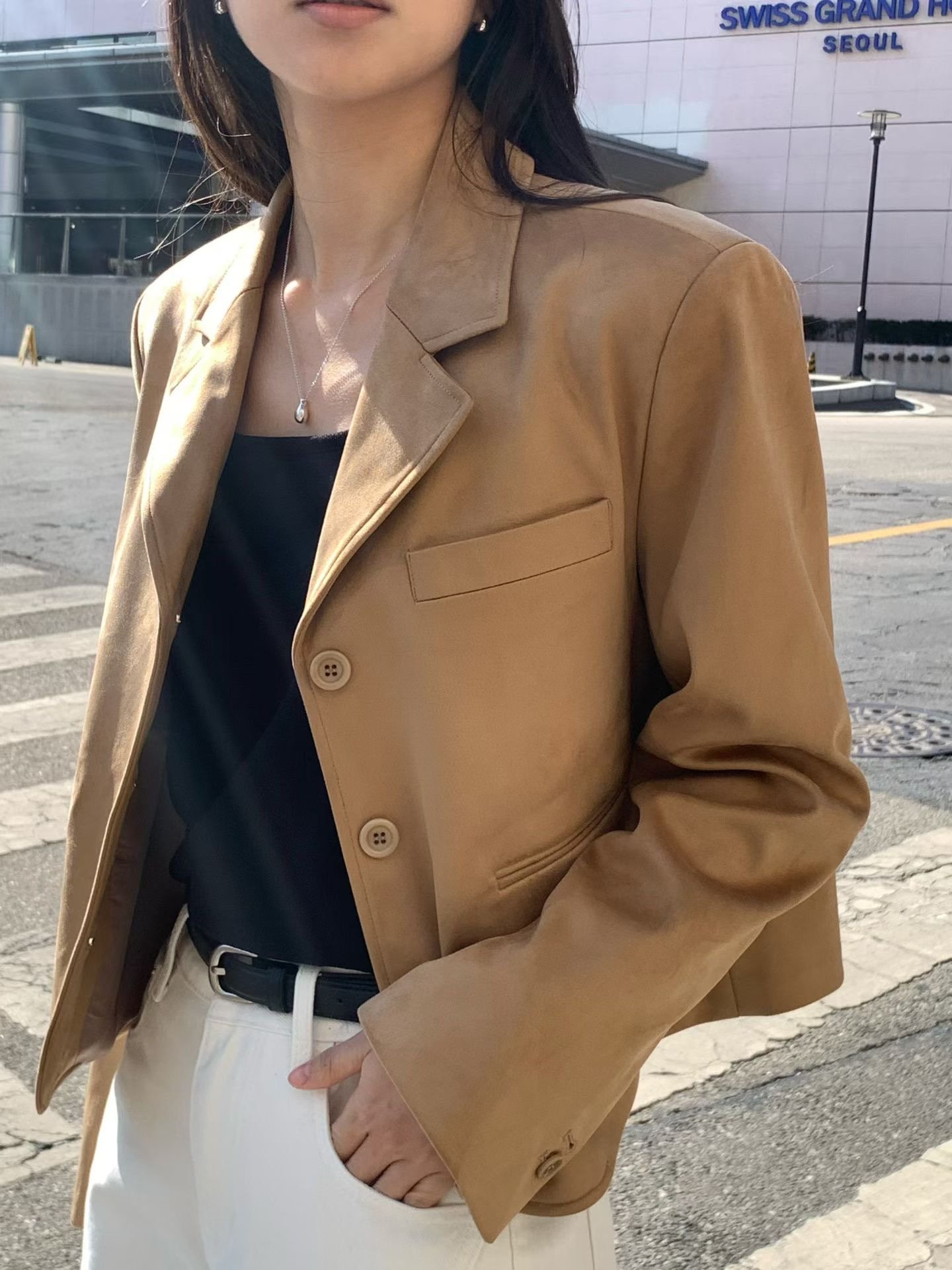 奶油焦糖・翻領麂皮質感外套