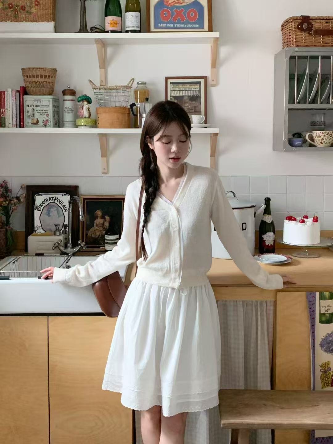 日常微法式・薄紗滾邊針織開襟