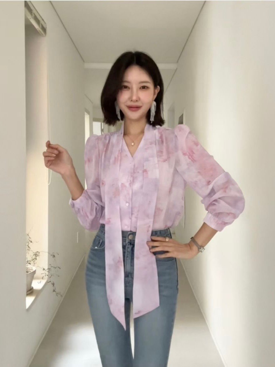 柔霧暈染綁帶雪紡上衣