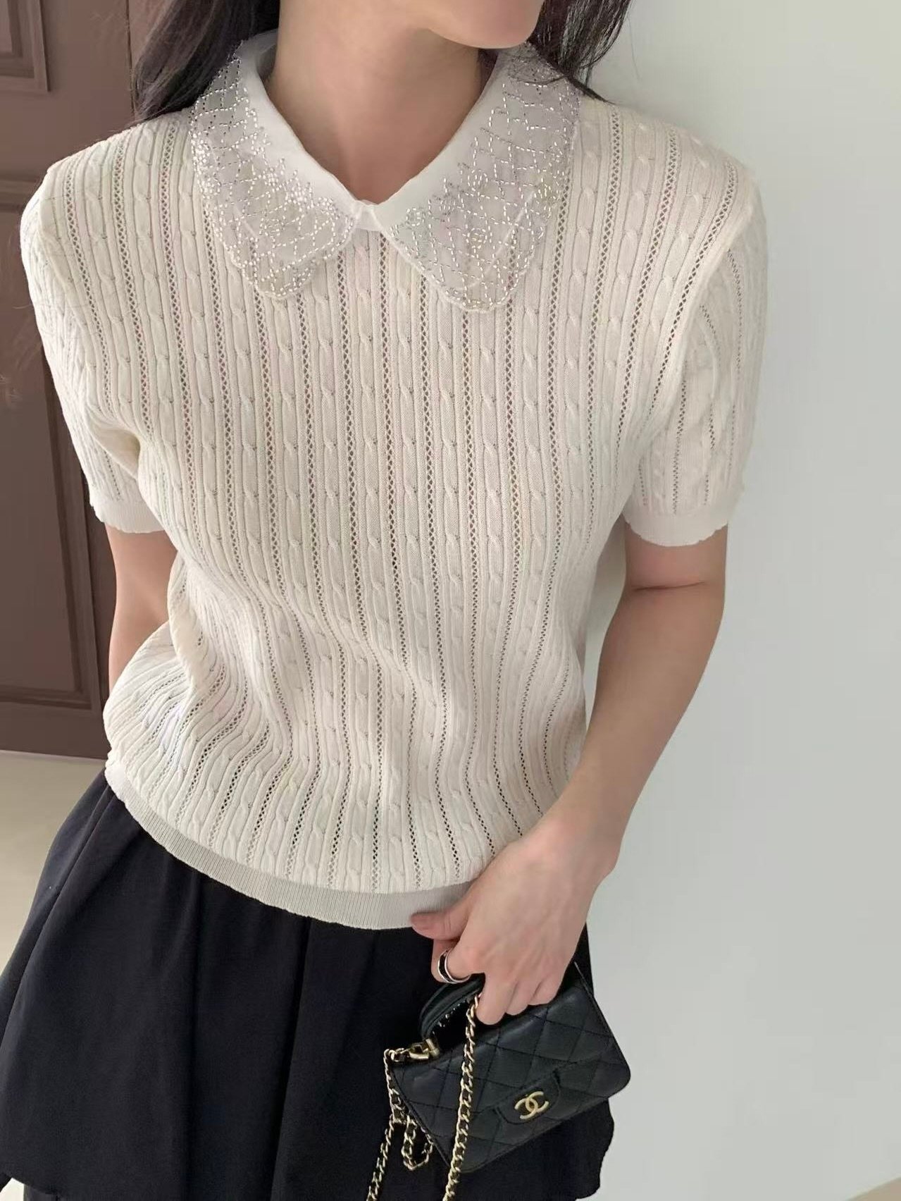 銀珠刺繡領片針織上衣