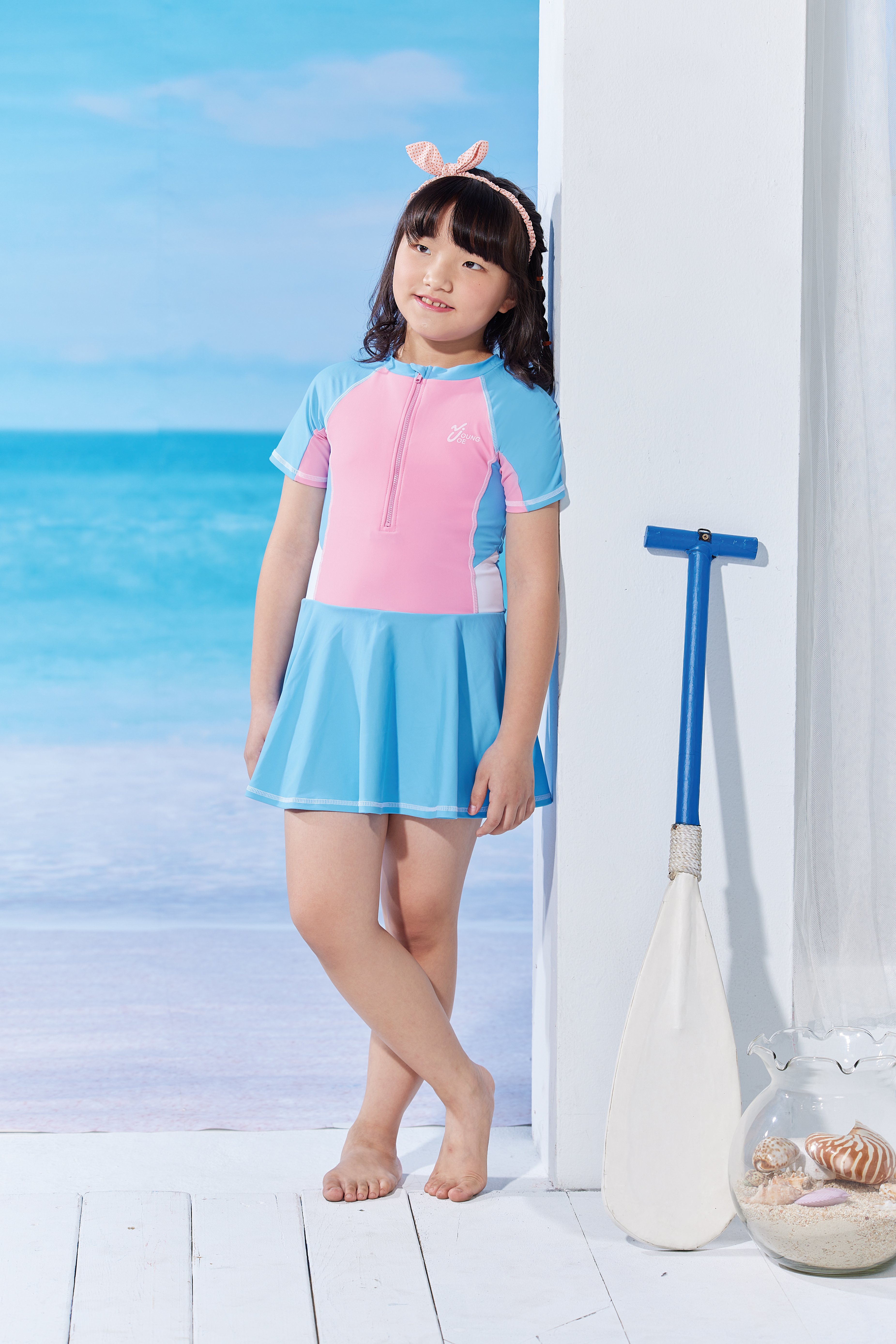 Young Joe 揚捷泳裝 小女短袖粉藍拼接連身裙泳裝
