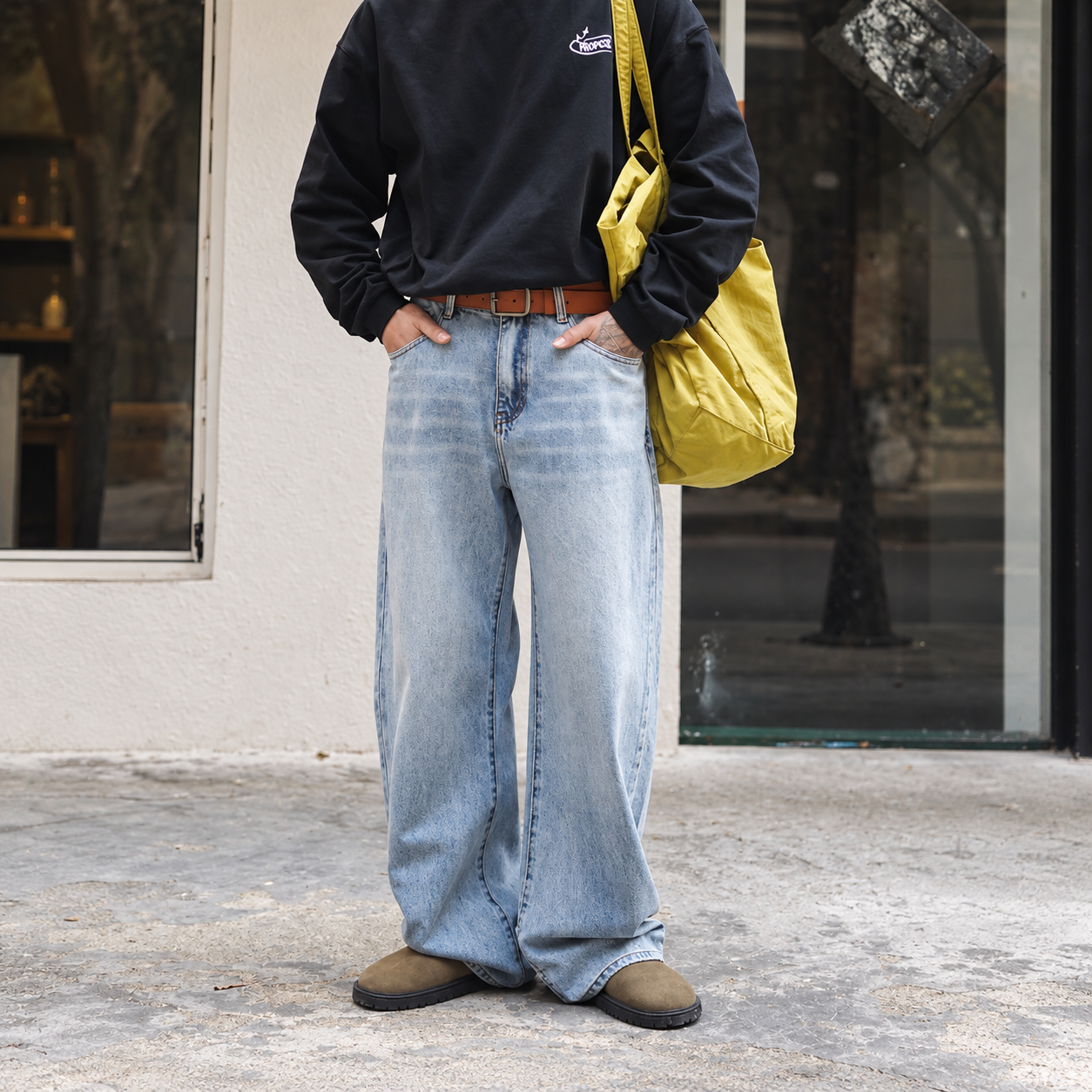 日系復古水洗牛仔褲男寬鬆直筒彎刀長褲