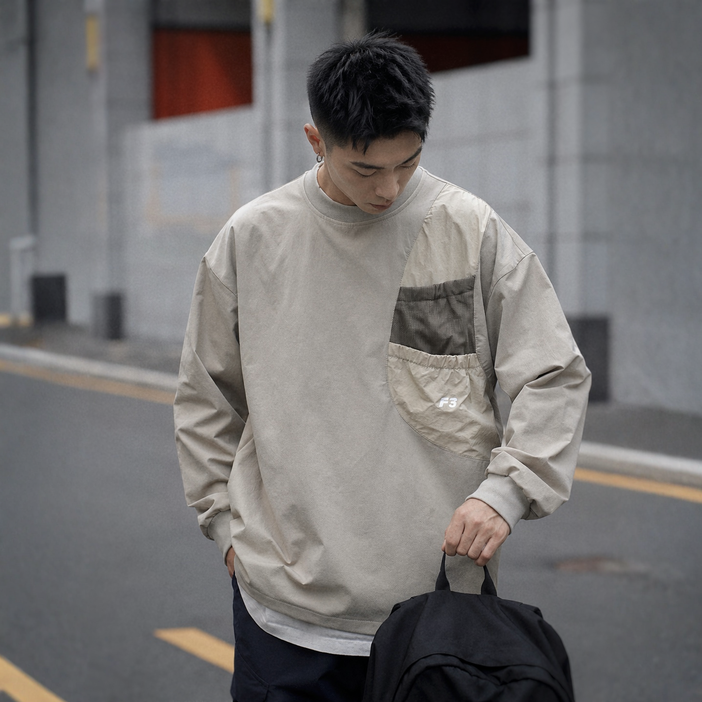 户外機能速乾口袋圓領復古日系Cityboy休閒男寬鬆長袖