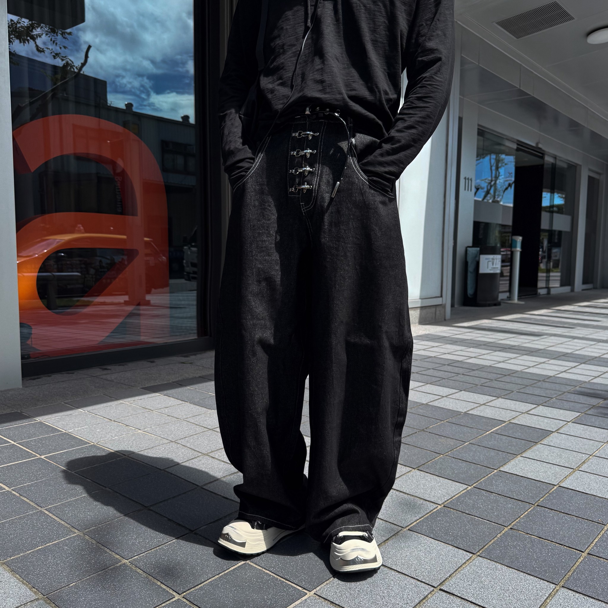 街頭金屬單寧牛仔寬褲