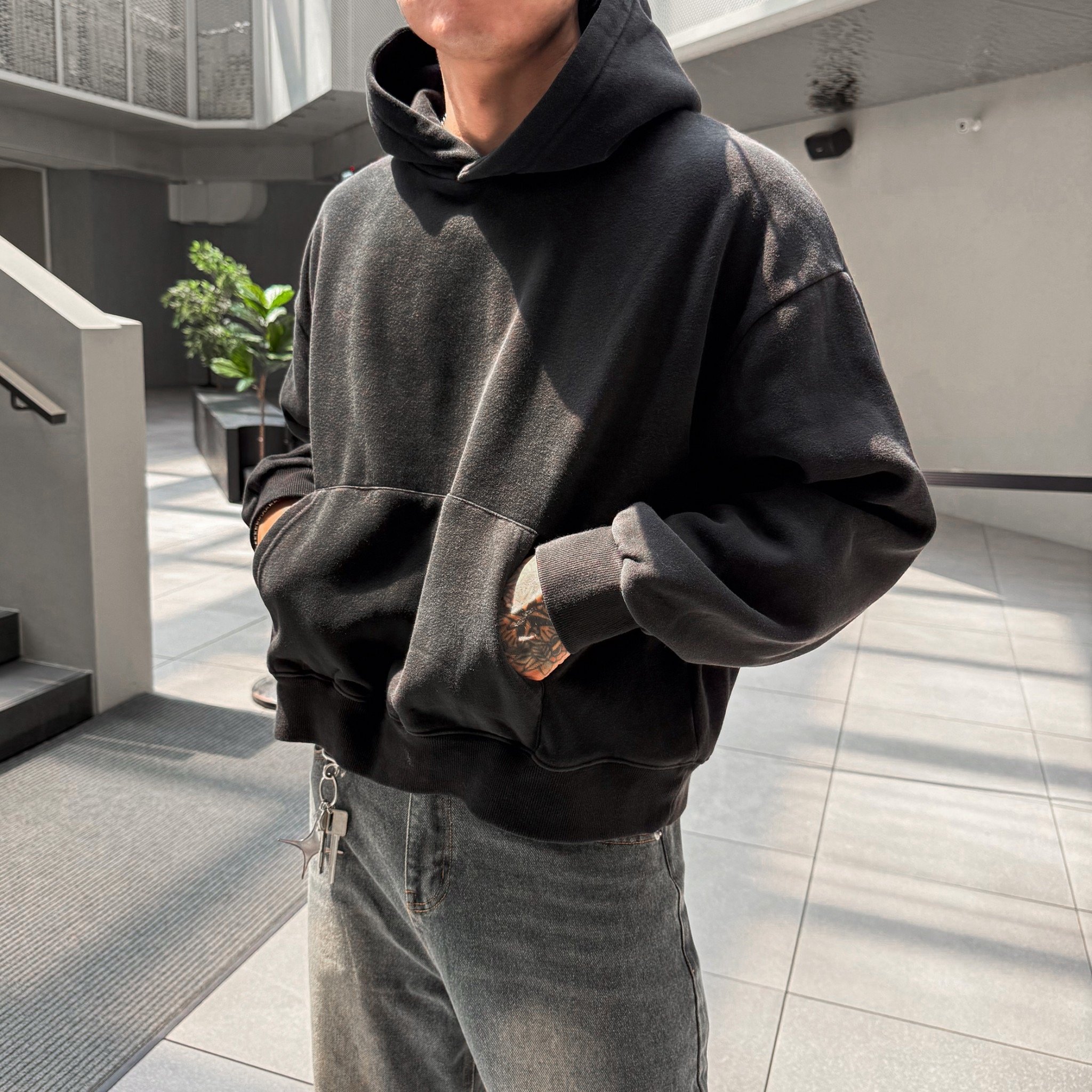 重磅水洗內刷毛連帽TEE