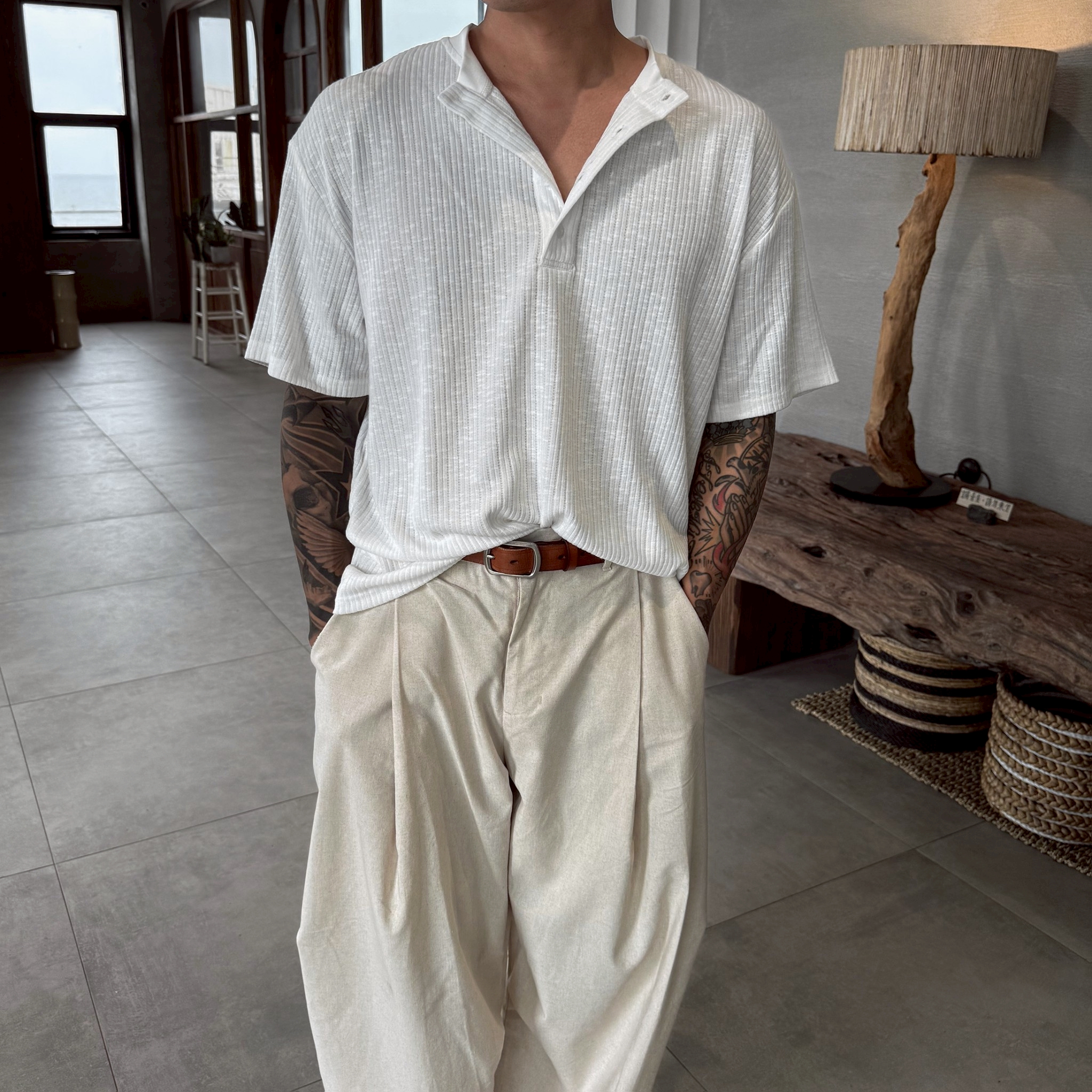 海灘透氣坑條半開襟 TEE