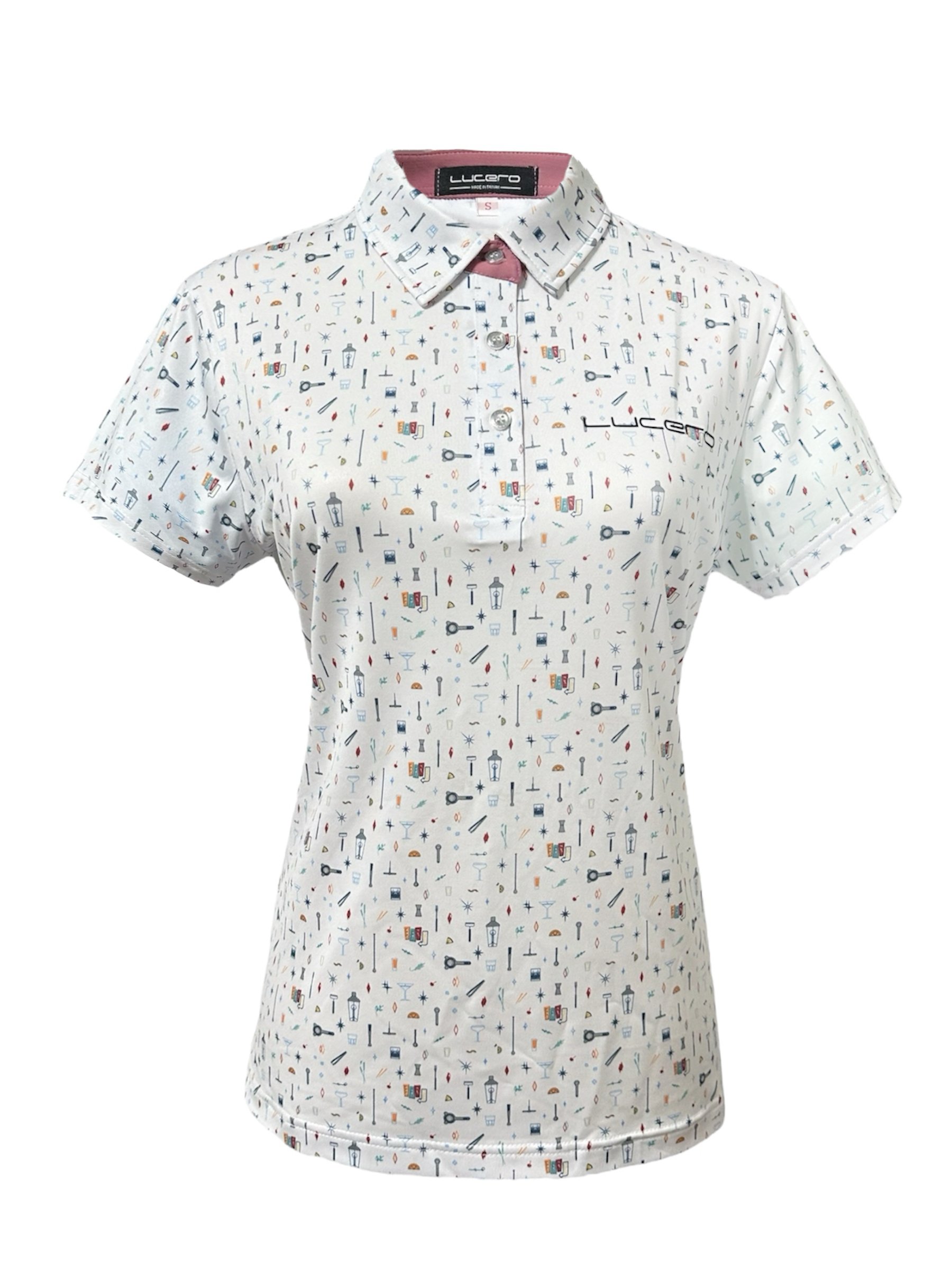 情侶款｜俏皮實驗室圖騰印花白底-POLO衫短袖上衣-乾燥玫瑰粉（女）