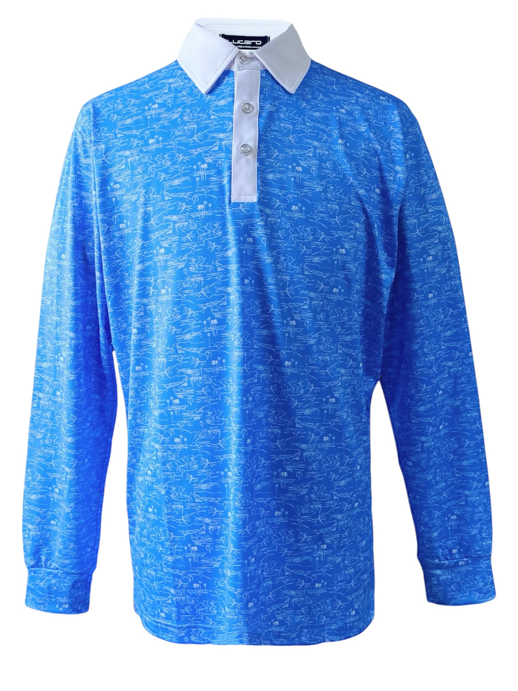 情侶款 | 棕梠樹圖案印花-POLO衫長袖上衣-深藍（男）