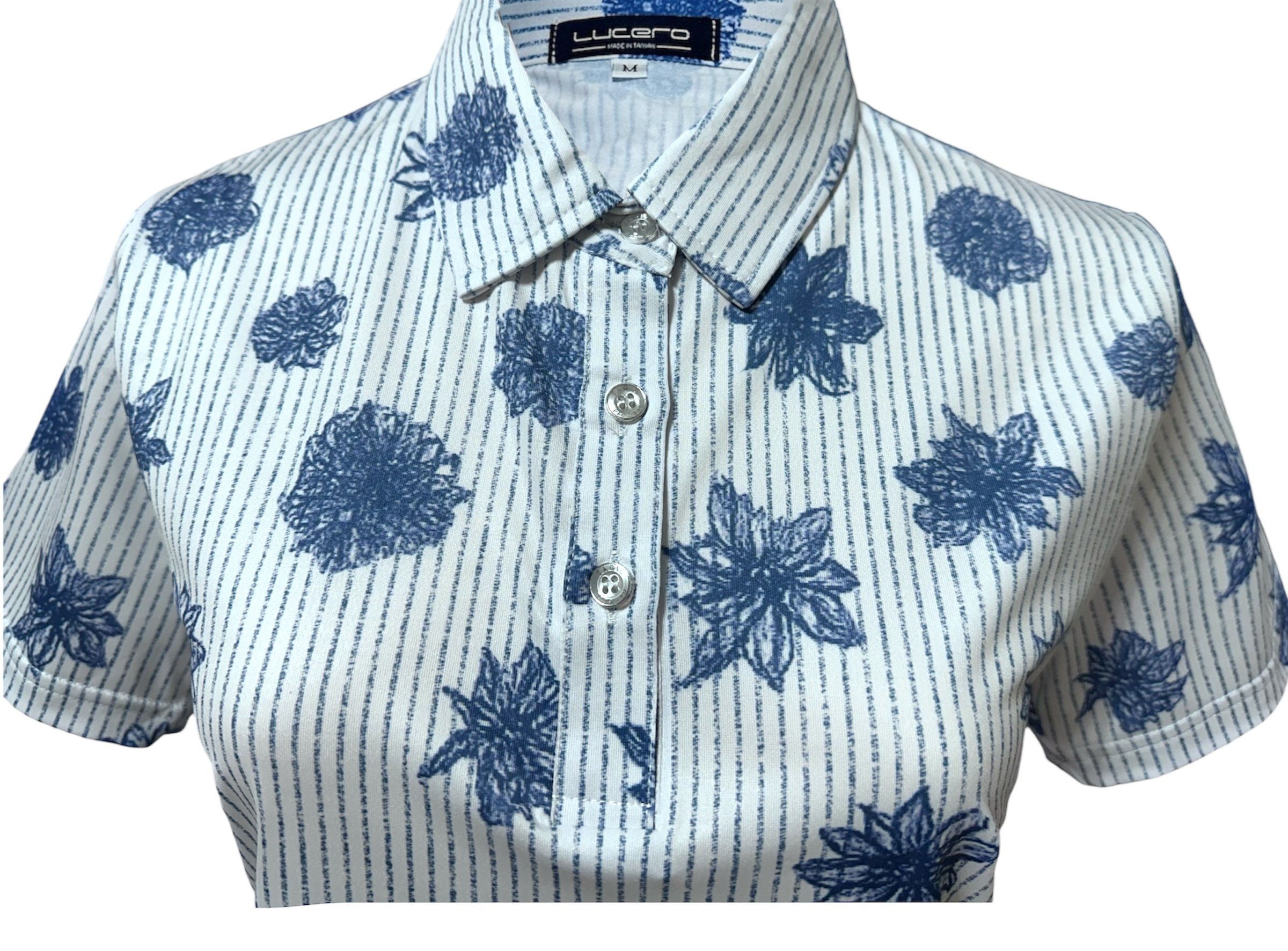 情侶款｜螢火蟲系列 直條紋手繪藍花 短袖POLO衫-女