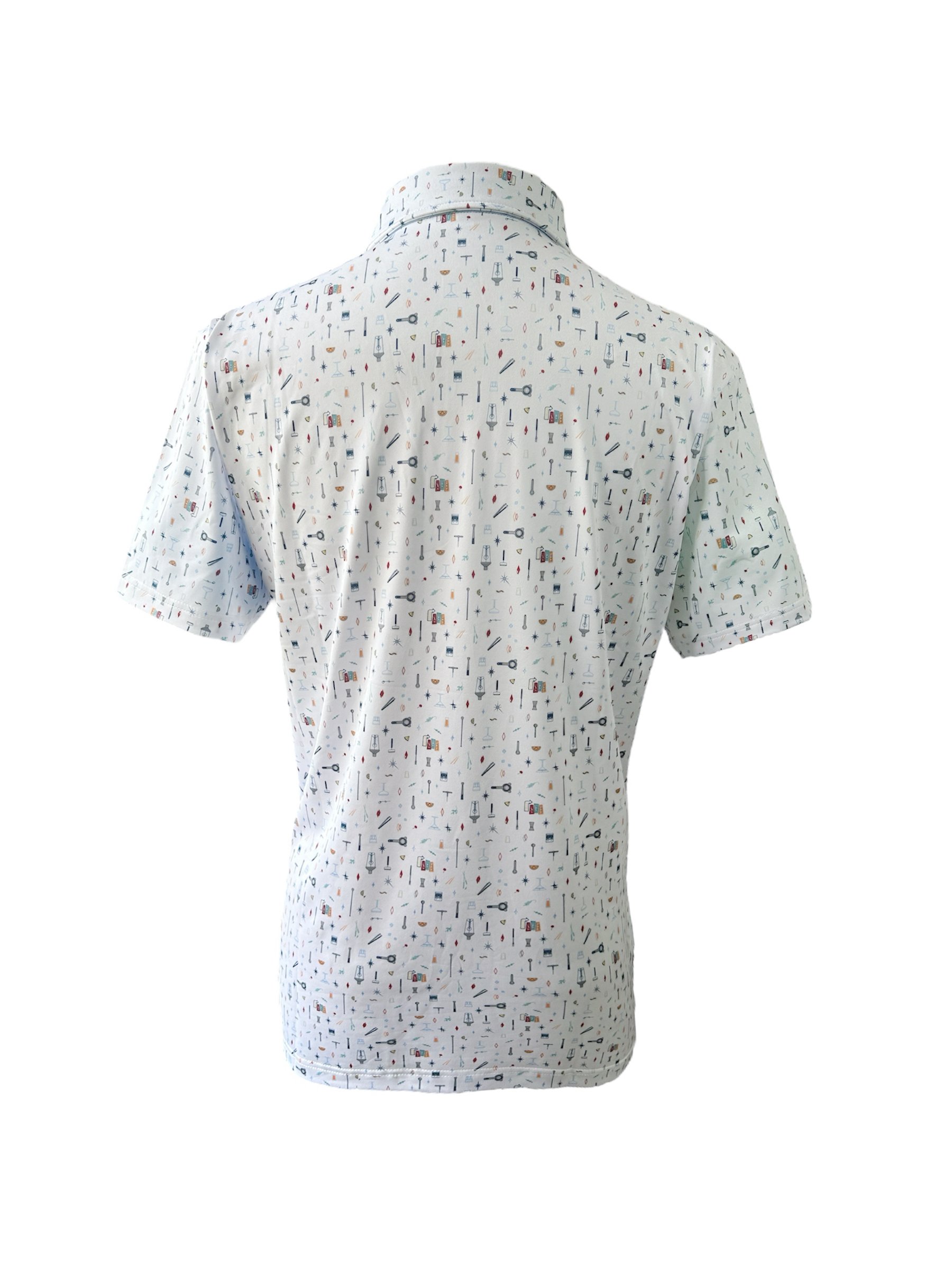 情侶款｜俏皮實驗室圖騰印花白底-POLO衫短袖上衣-水藍（男）