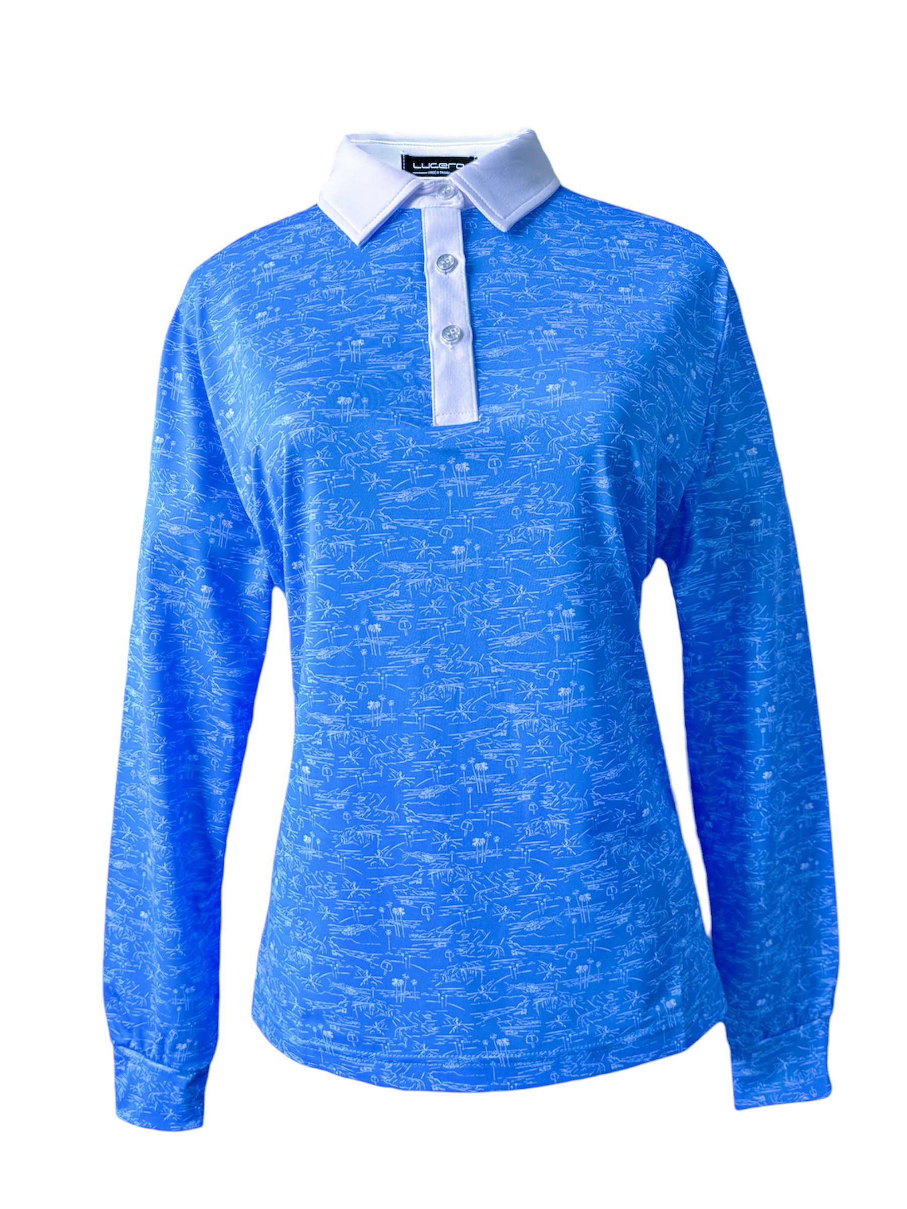 情侶款 | 棕梠樹圖案印花-POLO衫長袖上衣-深藍（女）