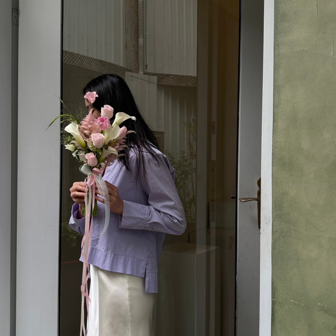 韓式橢圓捧花 - 粉白色系