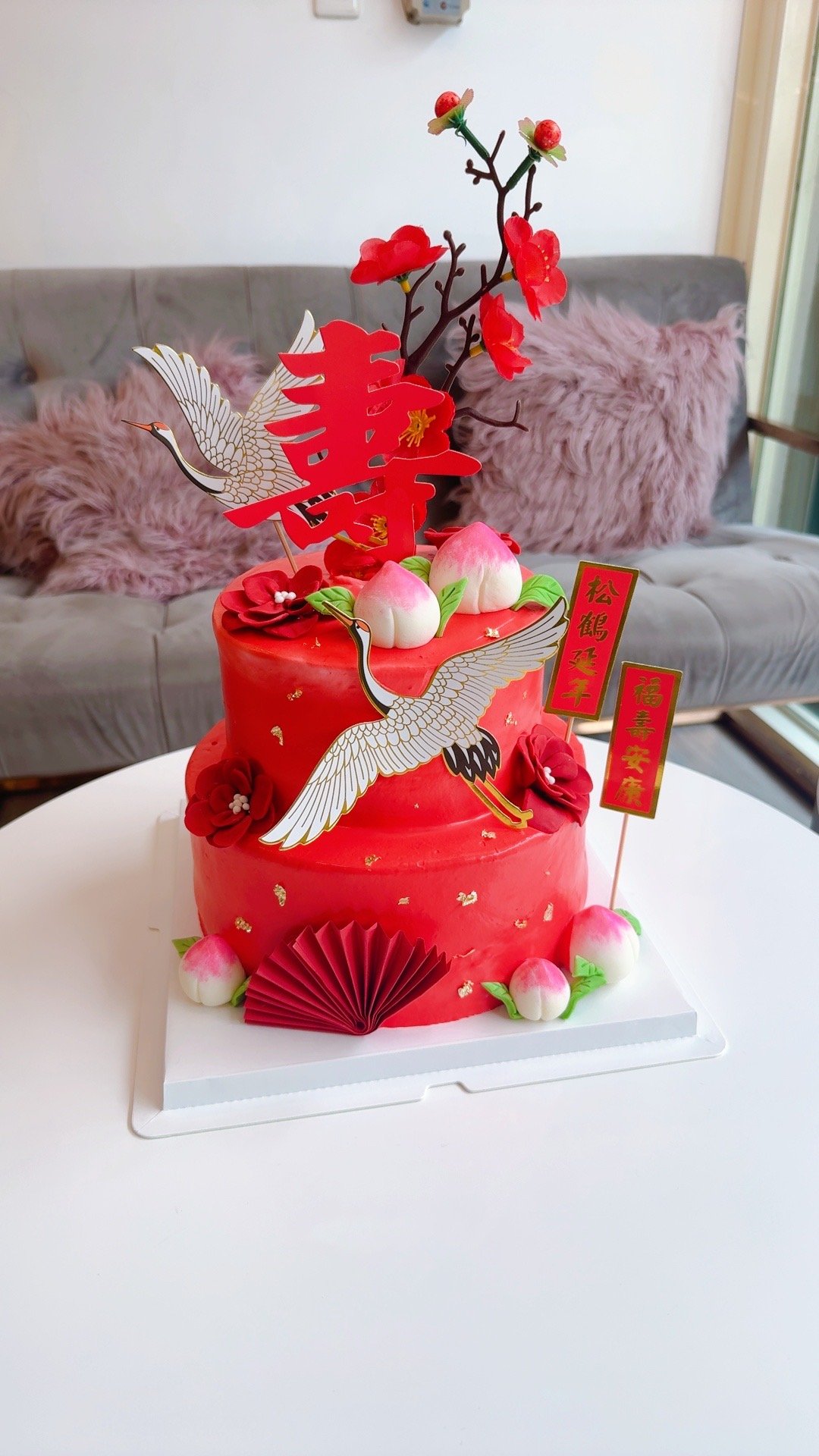 K069大紅壽桃祝壽雙層蛋糕