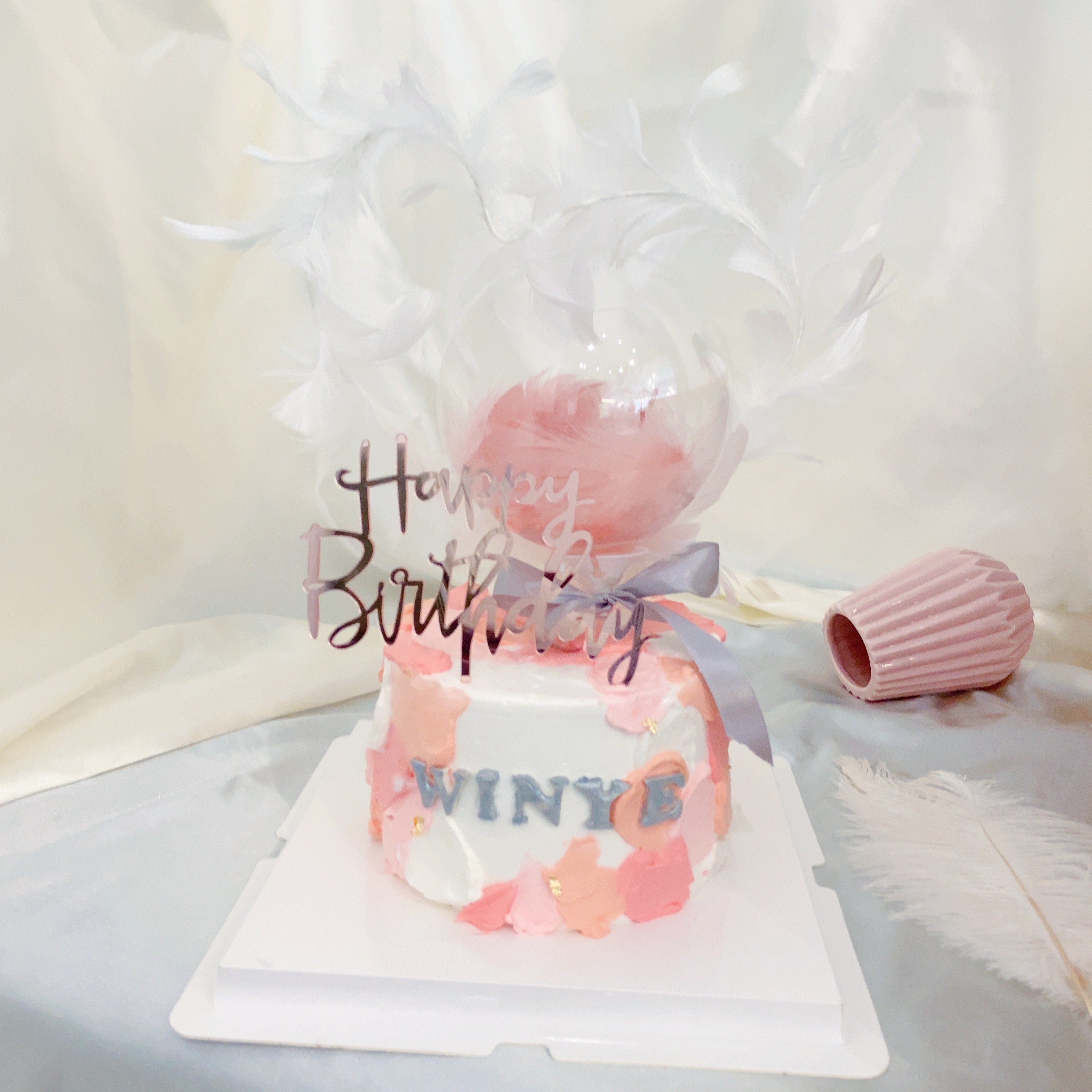 F003粉色色塊氣球羽毛蛋糕