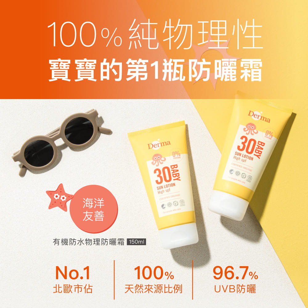 【Derma丹麥德瑪】寶寶有機防水純物理防曬霜 150ml