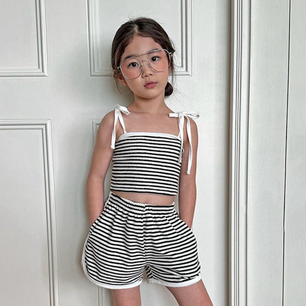 簡約條紋肩帶綁帶 可愛夏季套裝