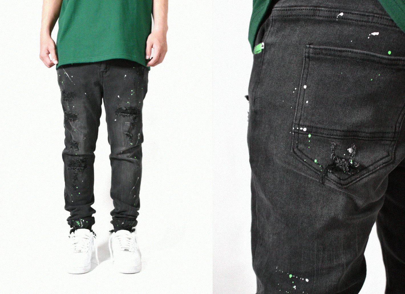 WASHED PAINTING JEANS 綠點潑漆刀割牛仔褲