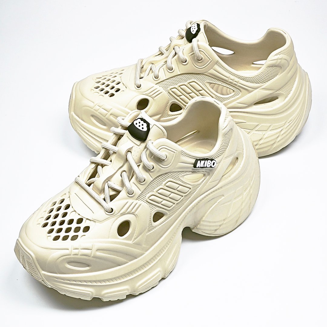 【買1送1】AKIBO輕量透氣老爹鞋-奶油白(女款、6公分厚底增高、一體成型、輕量、耐走、防水) / 內附AKIBO品牌鞋扣1個。現在買再送鞋扣組(不挑款)