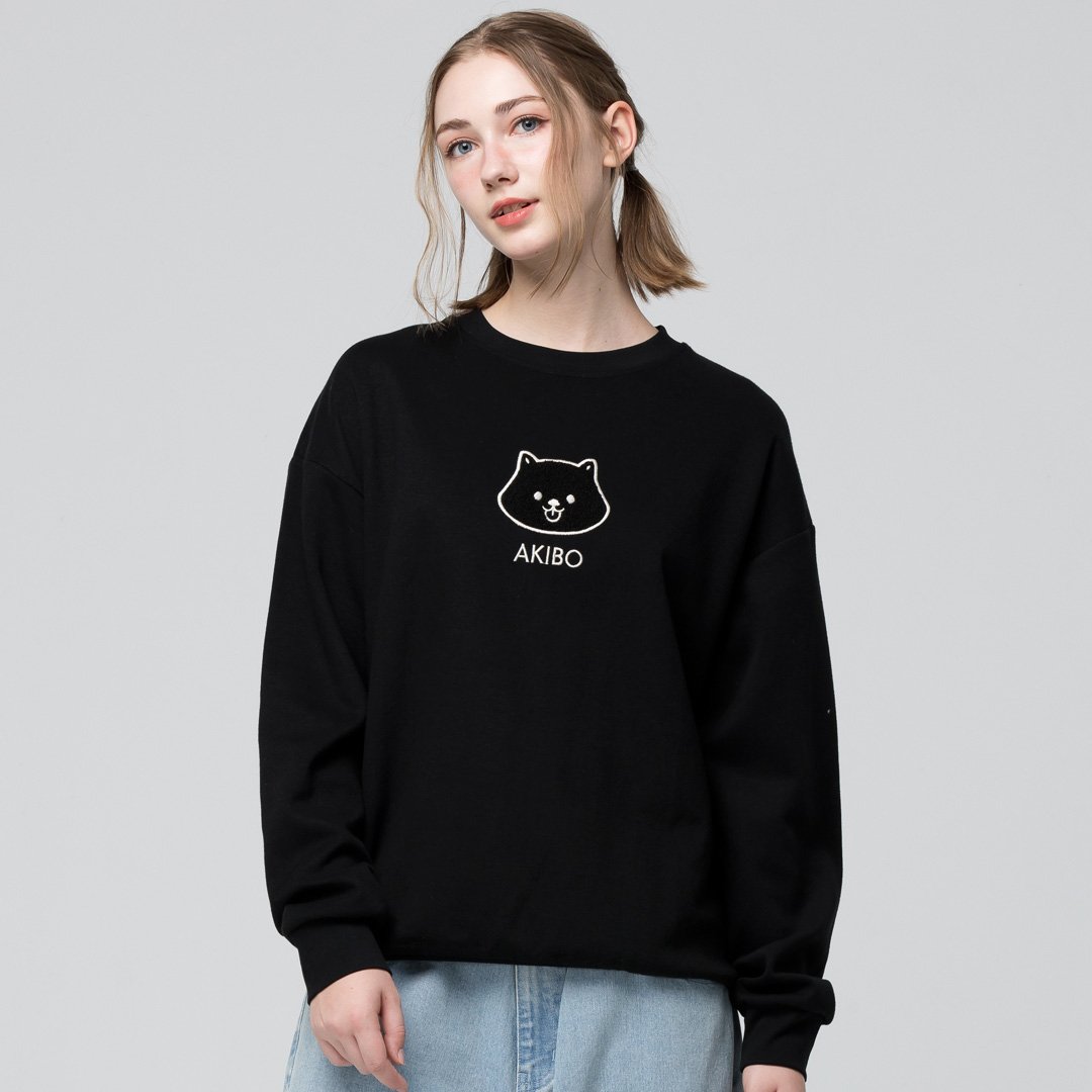 AKIBO日系落肩毛巾繡大學T-經典黑(男女共款)