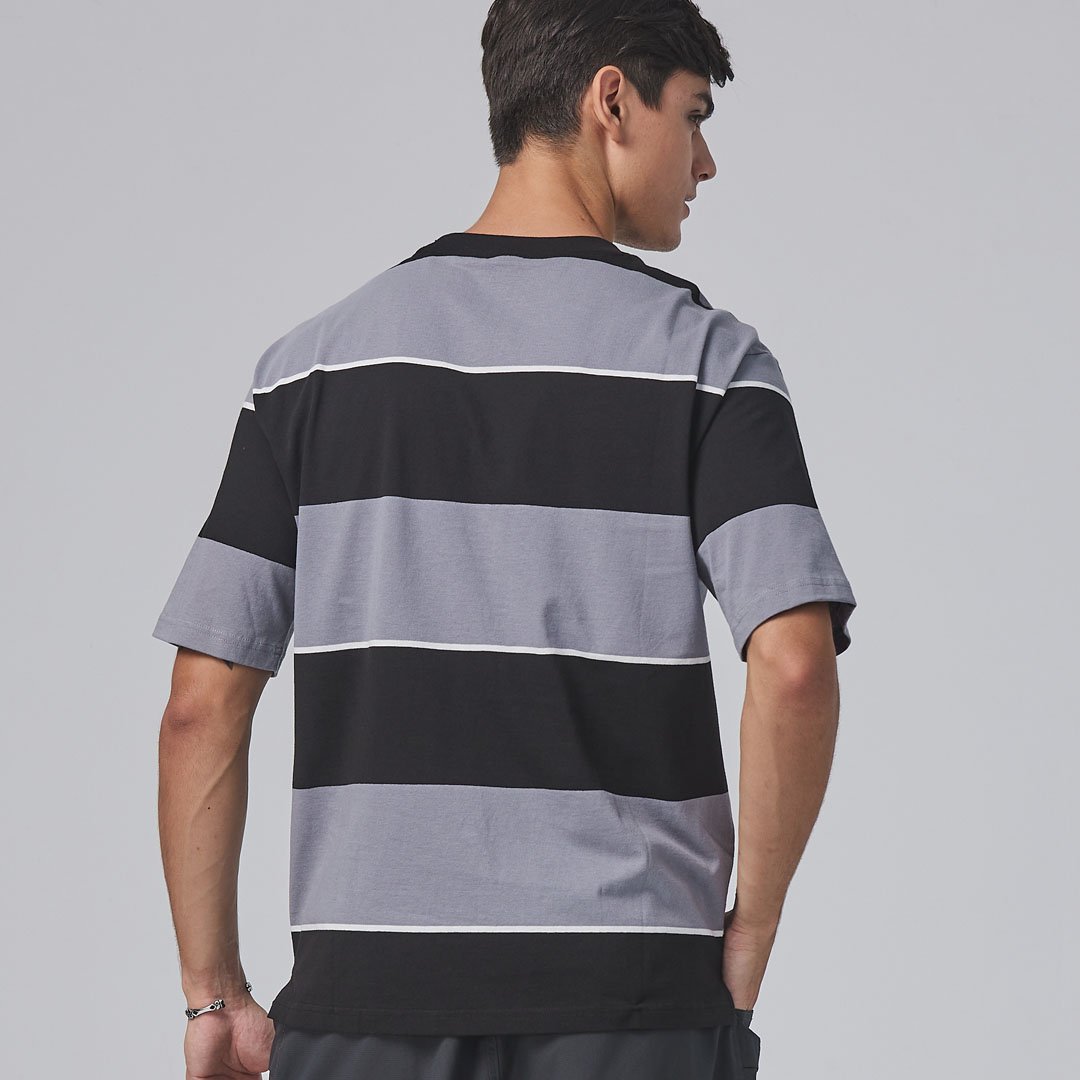 KANGOL寬版落肩條紋短T-灰