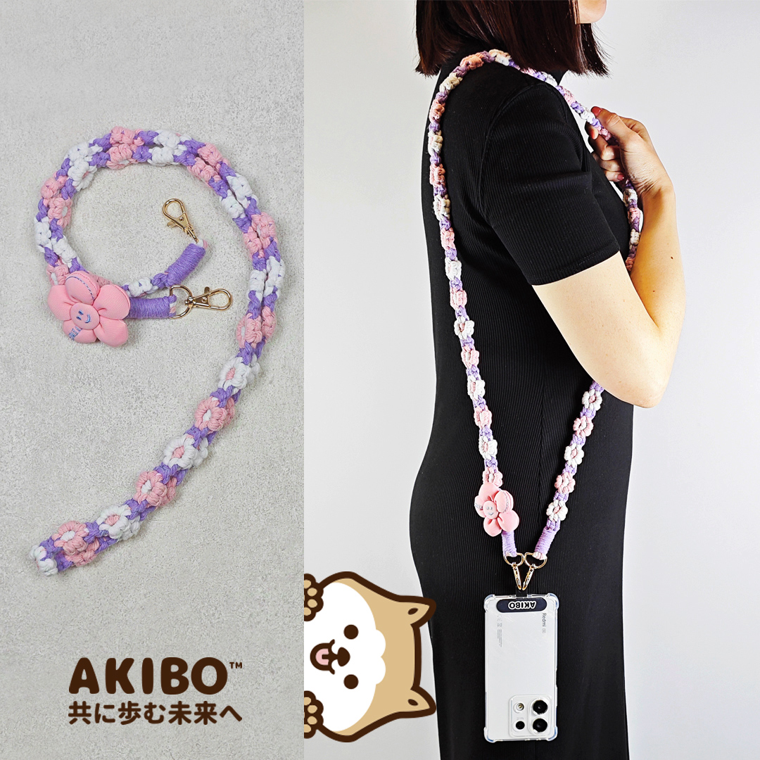 AKIBO手工編織花朵包包手機掛繩-丁香紫(女款、編織) / 內附AKIBO品牌手機掛片1個