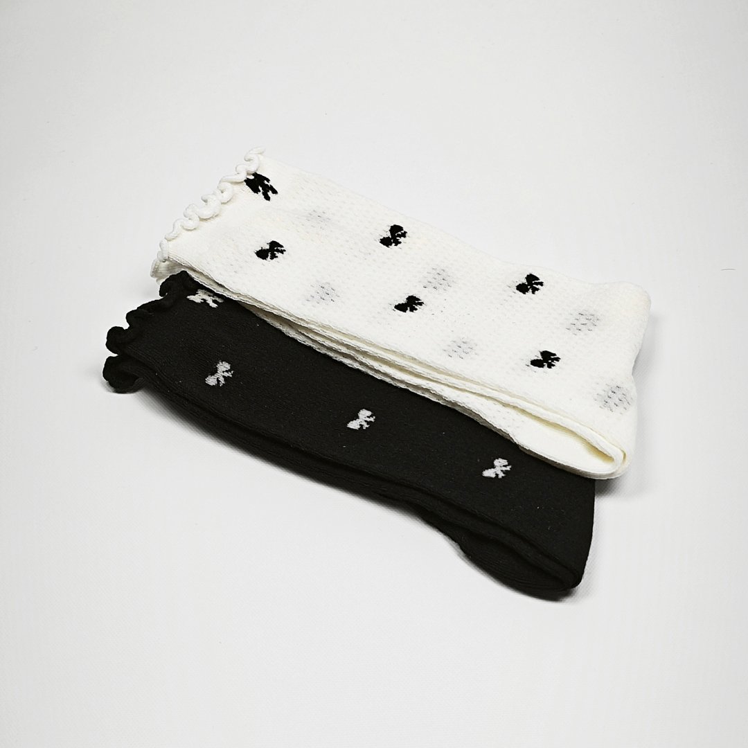 AKIBO蝴蝶結荷葉邊中筒襪(兩件組)-女款