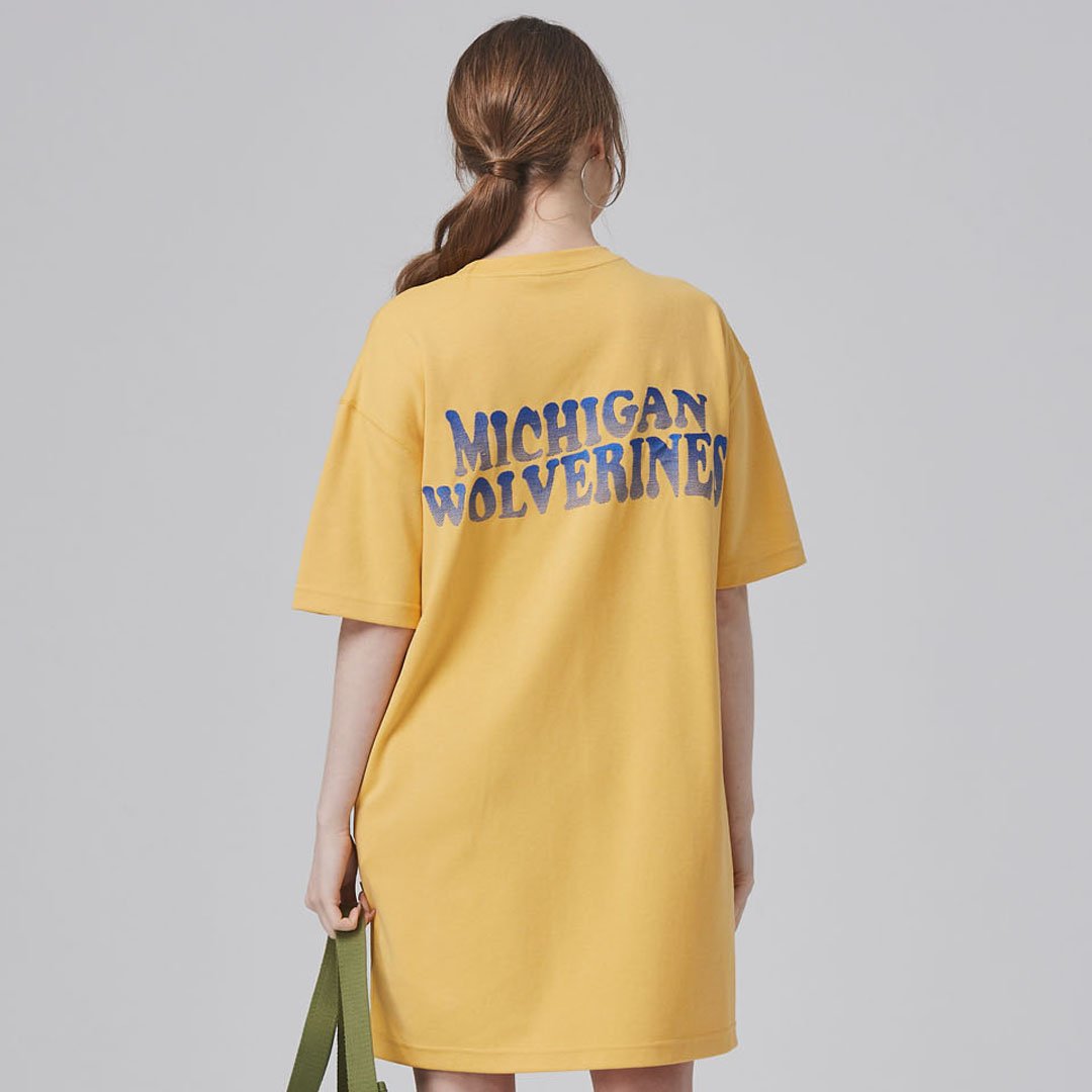 NCAA密西根大學Michigan落肩漸層小發泡洋裝-黃