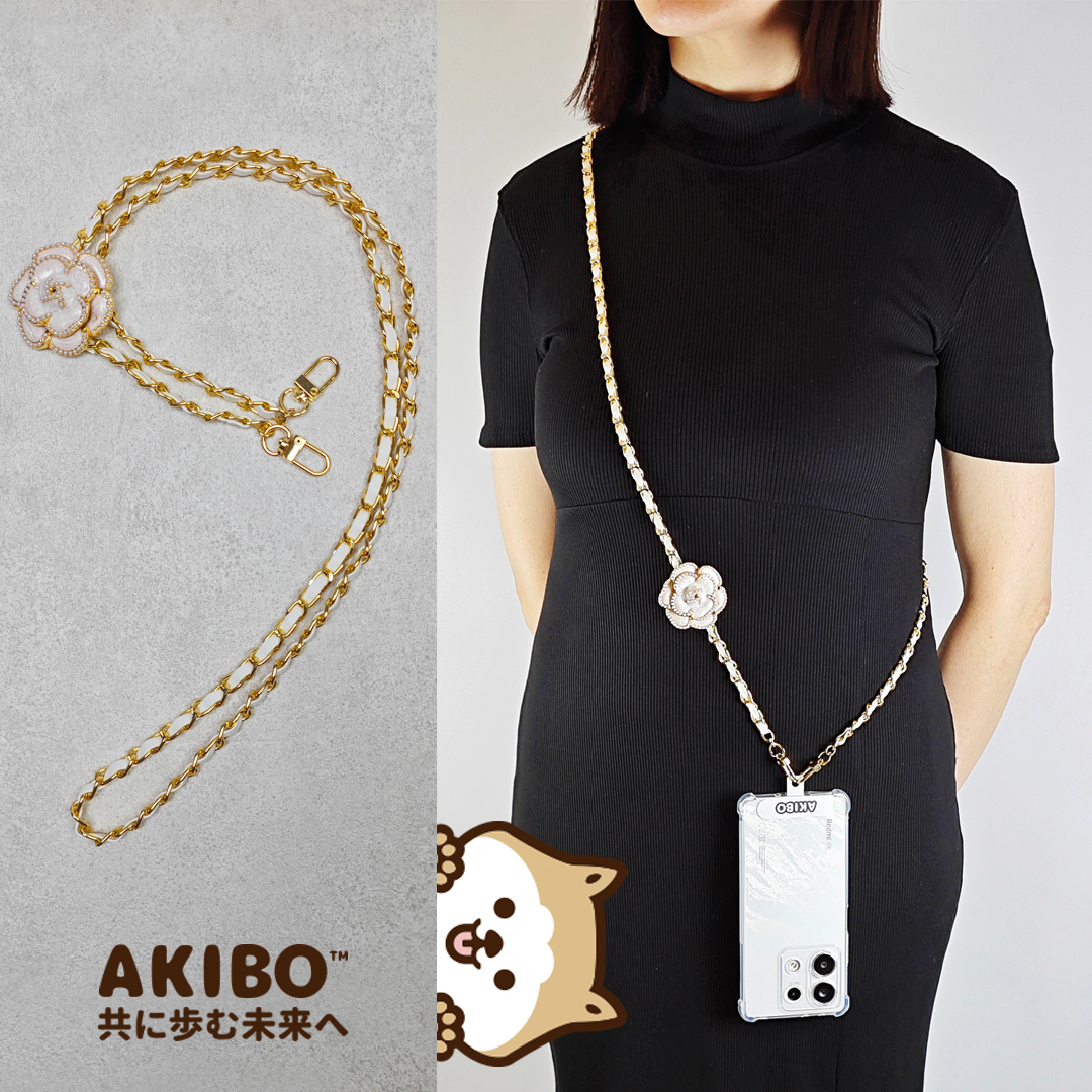 AKIBO皮革花漾包包手機掛繩-牛奶白(女款、金屬) / 內附AKIBO品牌手機掛片1個
