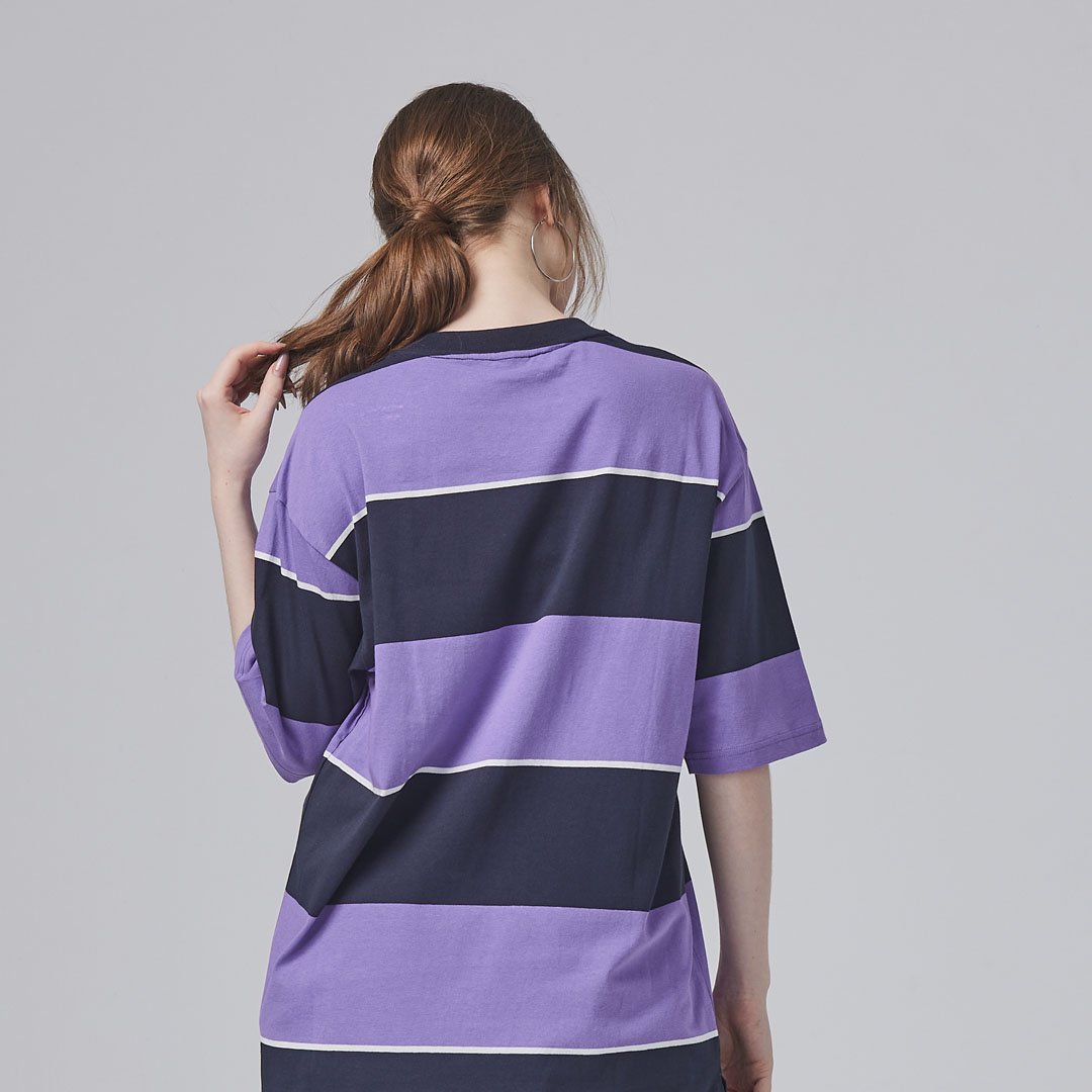 KANGOL寬版落肩條紋短T-紫