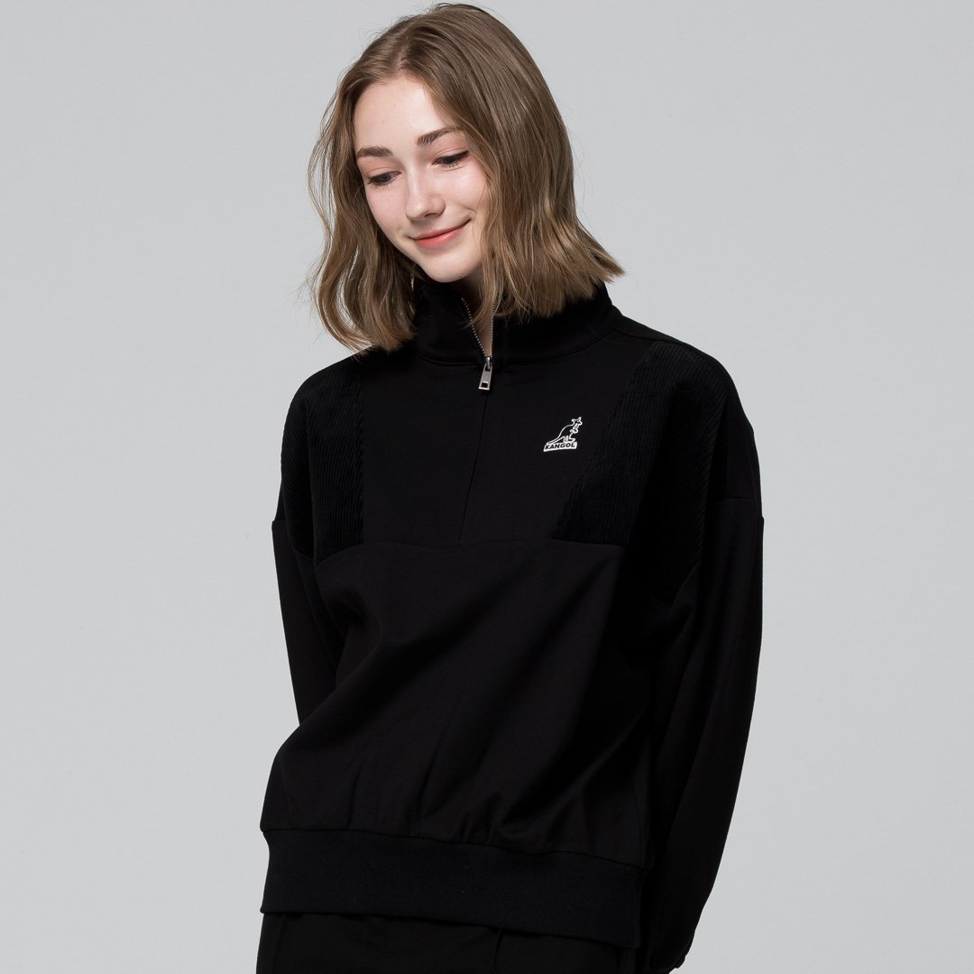 KANGOL袋鼠小Logo女款半開襟上衣-黑