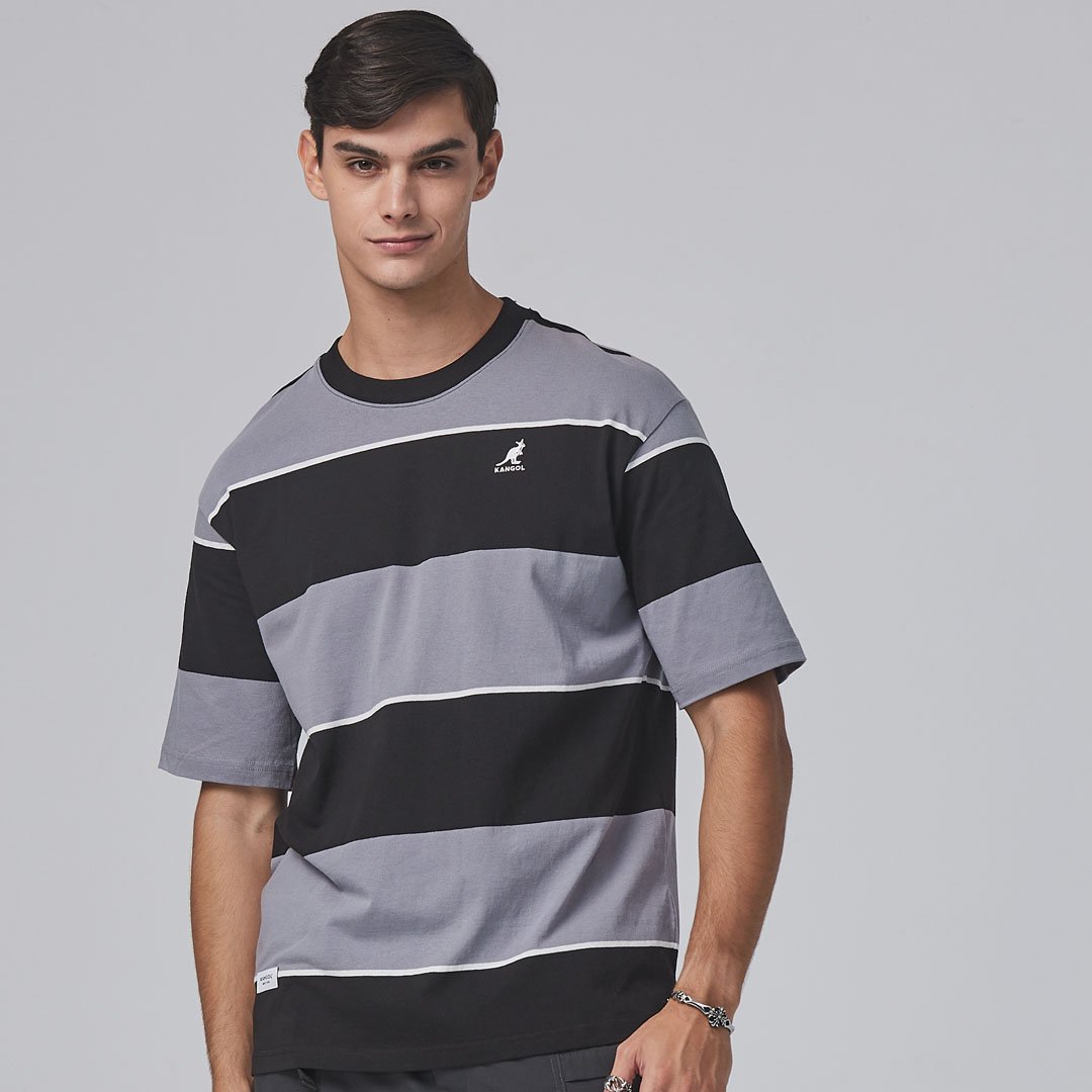 KANGOL寬版落肩條紋短T-灰