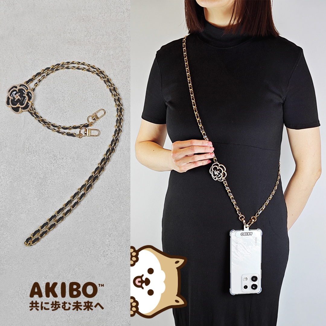 AKIBO皮革花漾包包手機掛繩-經典黑(女款、金屬) / 內附AKIBO品牌手機掛片1個