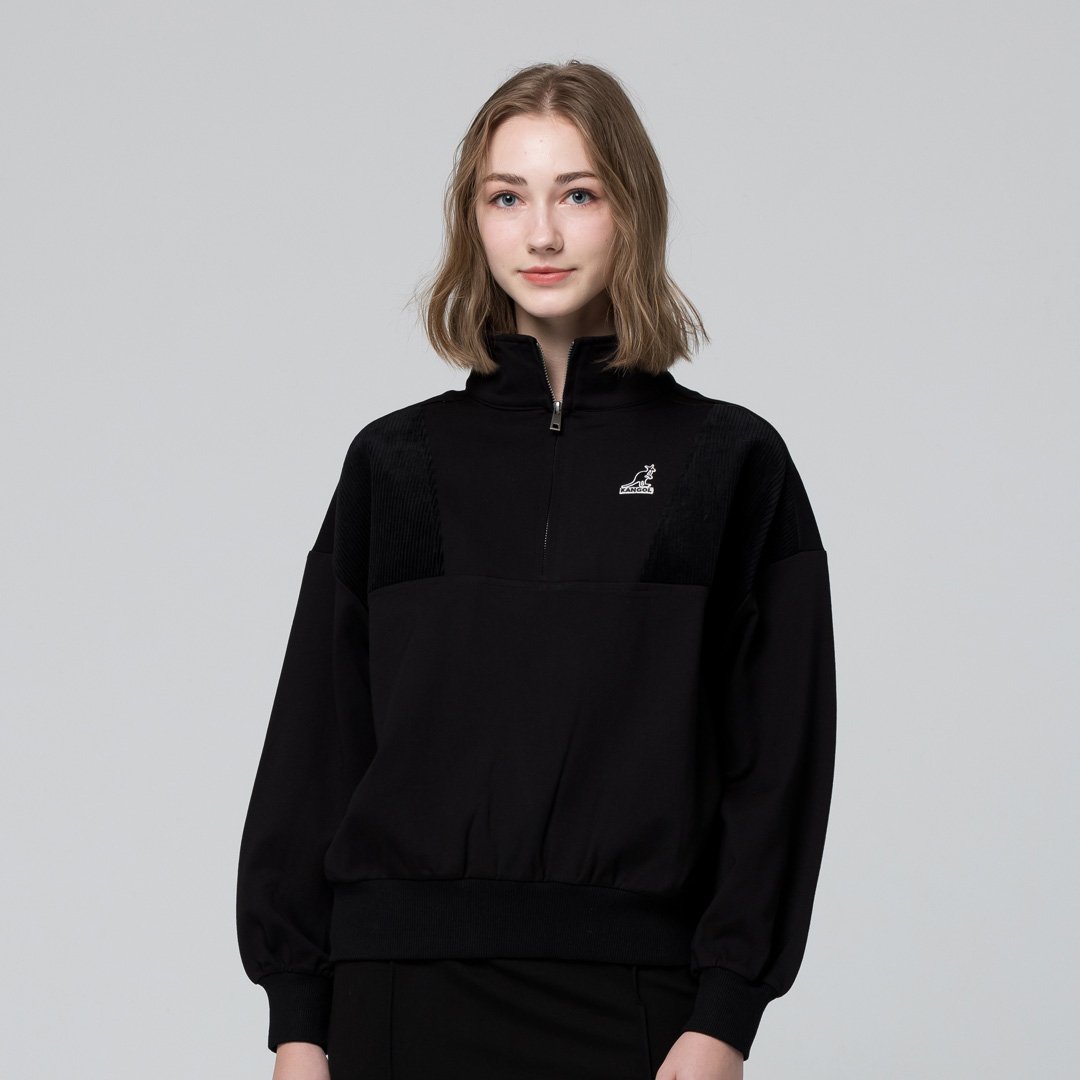 KANGOL袋鼠小Logo女款半開襟上衣-黑