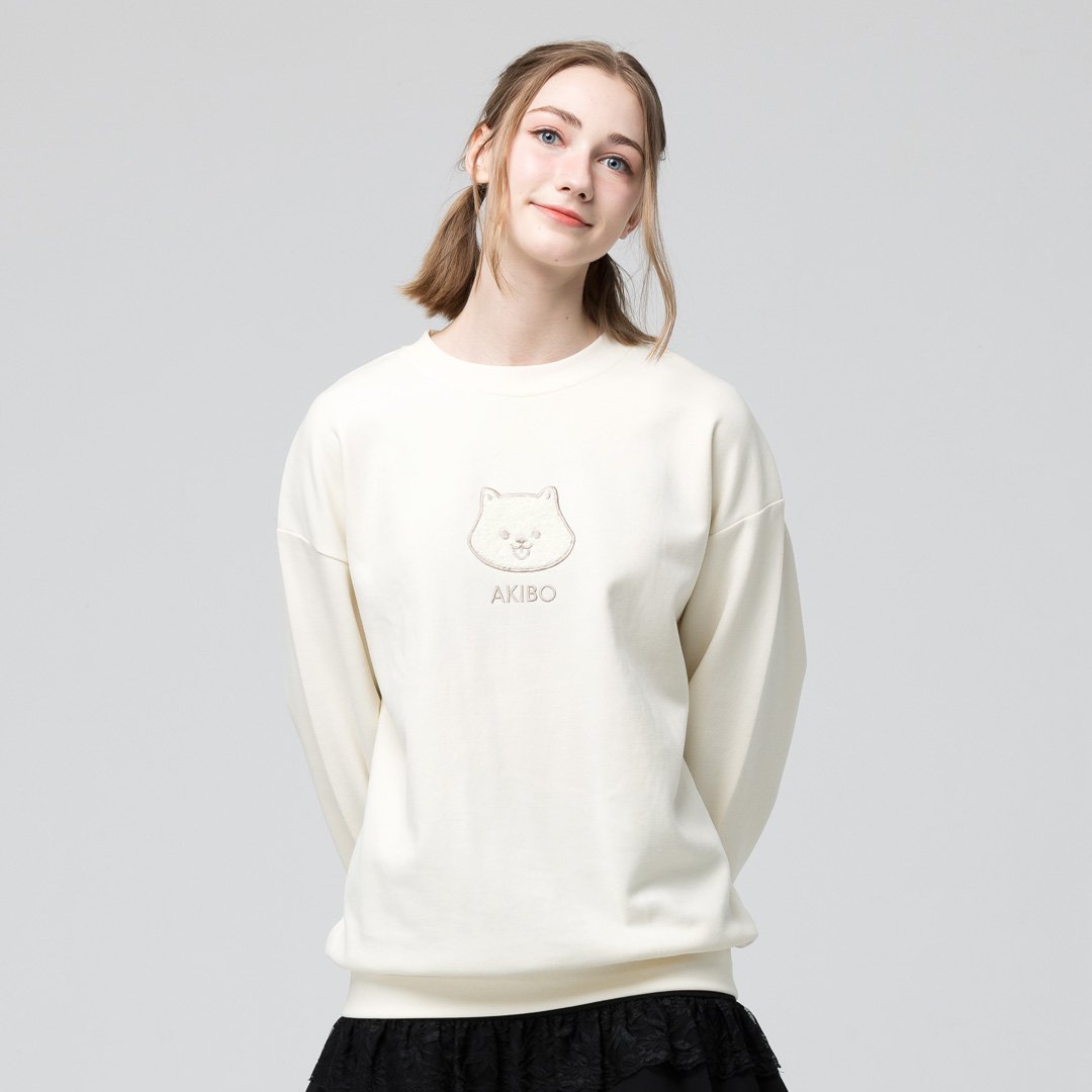 AKIBO日系落肩毛巾繡大學T-奶油白(男女共款)