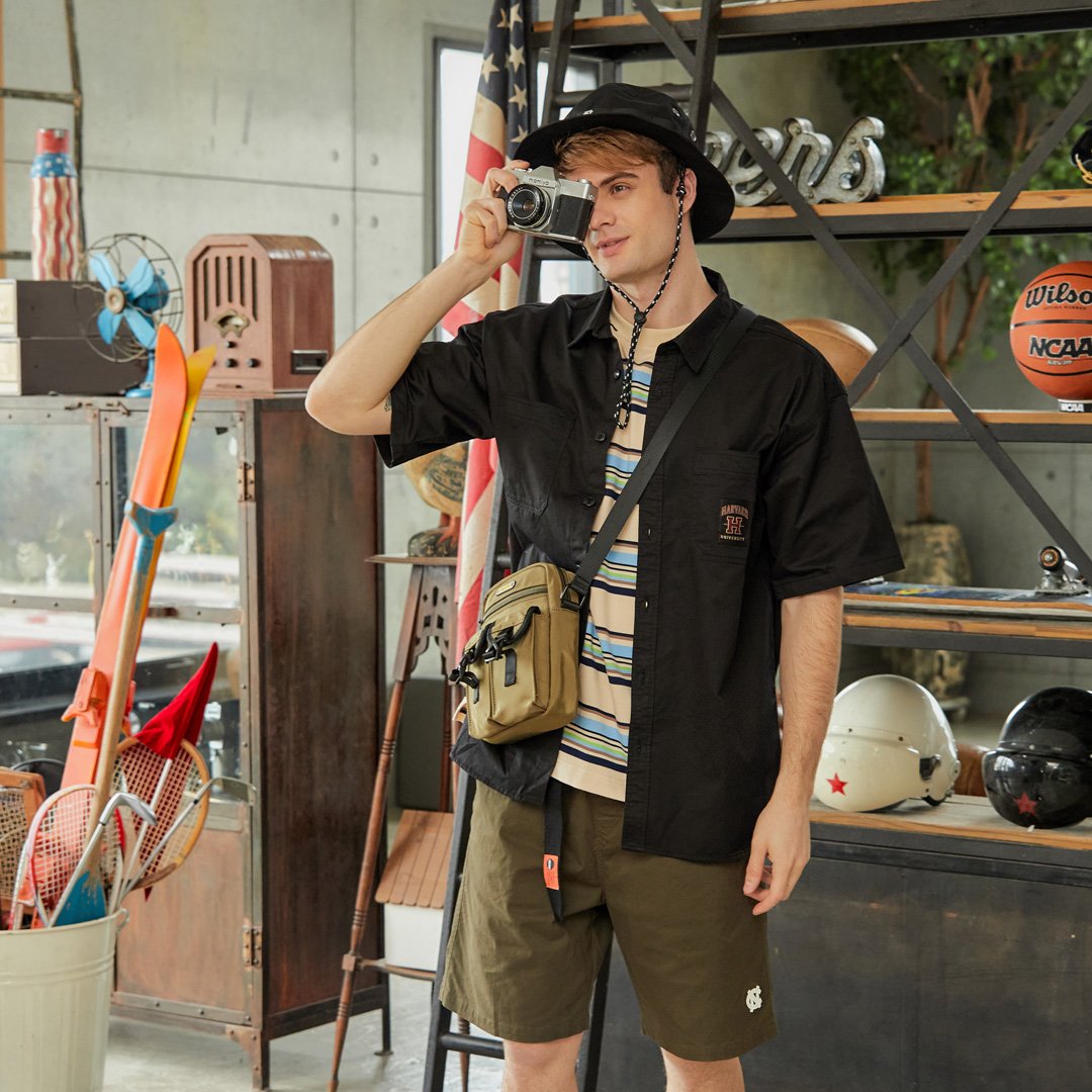 NCAA哈佛大學Harvard織標工裝襯衫-黑