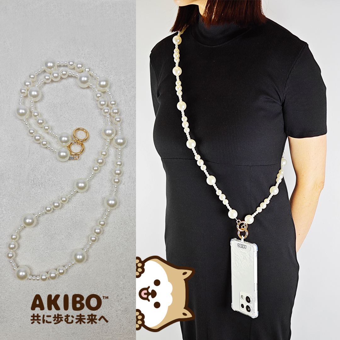 AKIBO雅緻珍珠包包手機掛繩-牛奶白(女款、珍珠)  / 贈送AKIBO耐磨手機掛片1個
