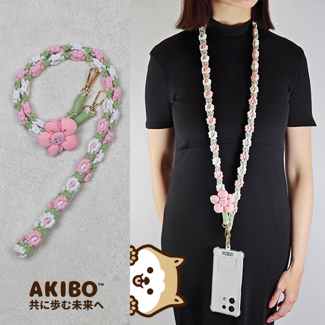 AKIBO手工編織花朵包包手機掛繩-櫻花粉(女款、編織) / 內附AKIBO品牌手機掛片1個