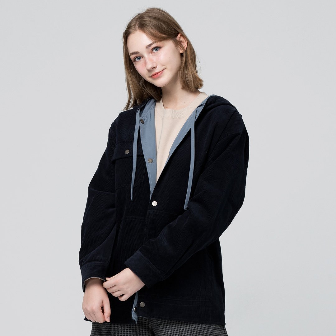 KANGOL袋鼠中性雙面燈芯絨防潑水外套-深藍(男女共款)